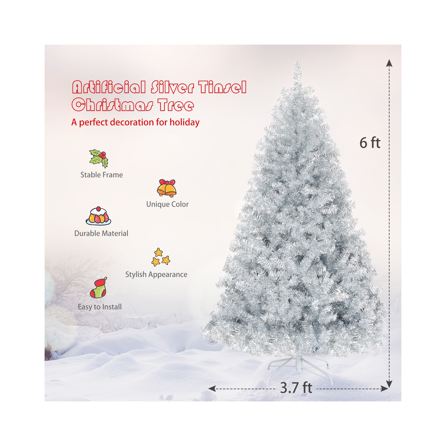 Topbuy 6Ft Hinged Artificial Silver Tinsel Christmas Tree with Metal Stand