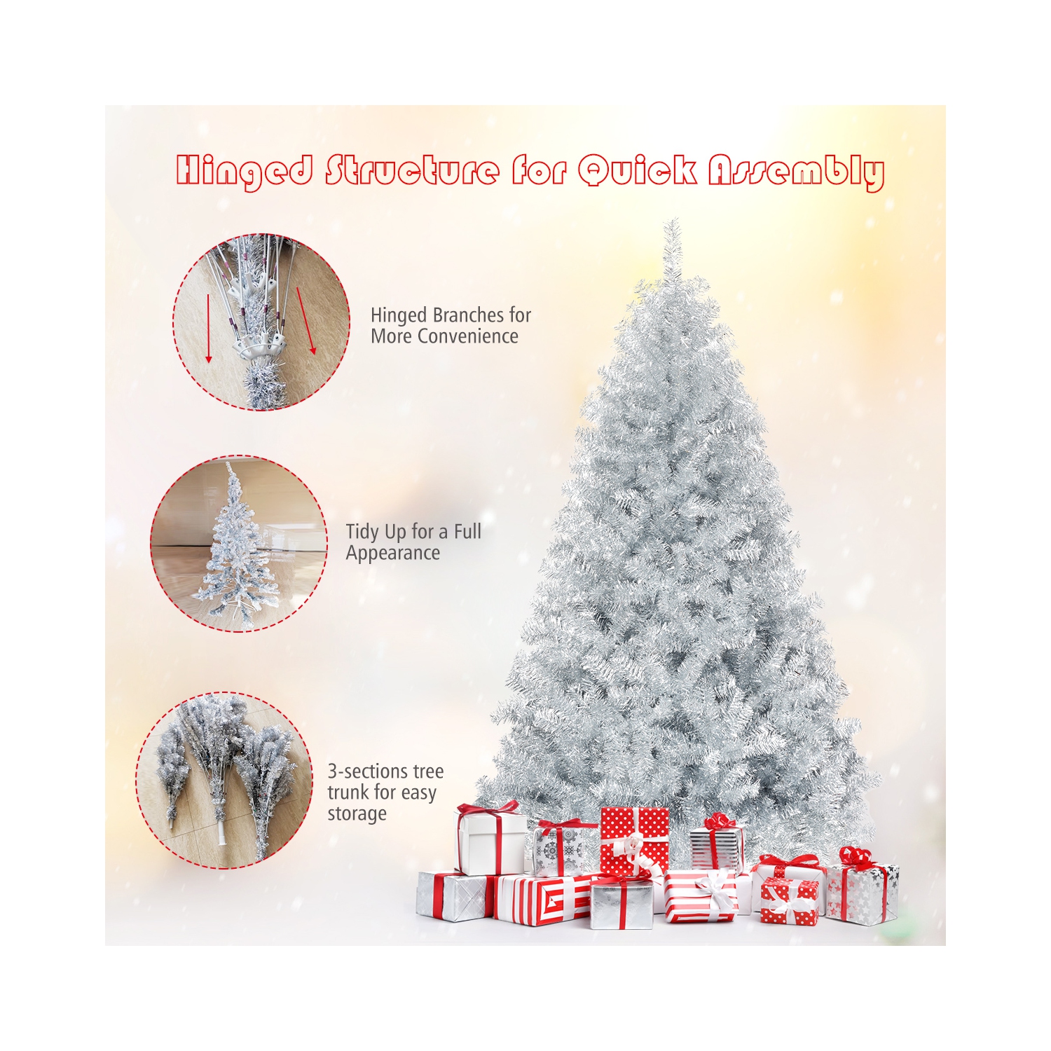 Topbuy 6Ft Hinged Artificial Silver Tinsel Christmas Tree with Metal Stand