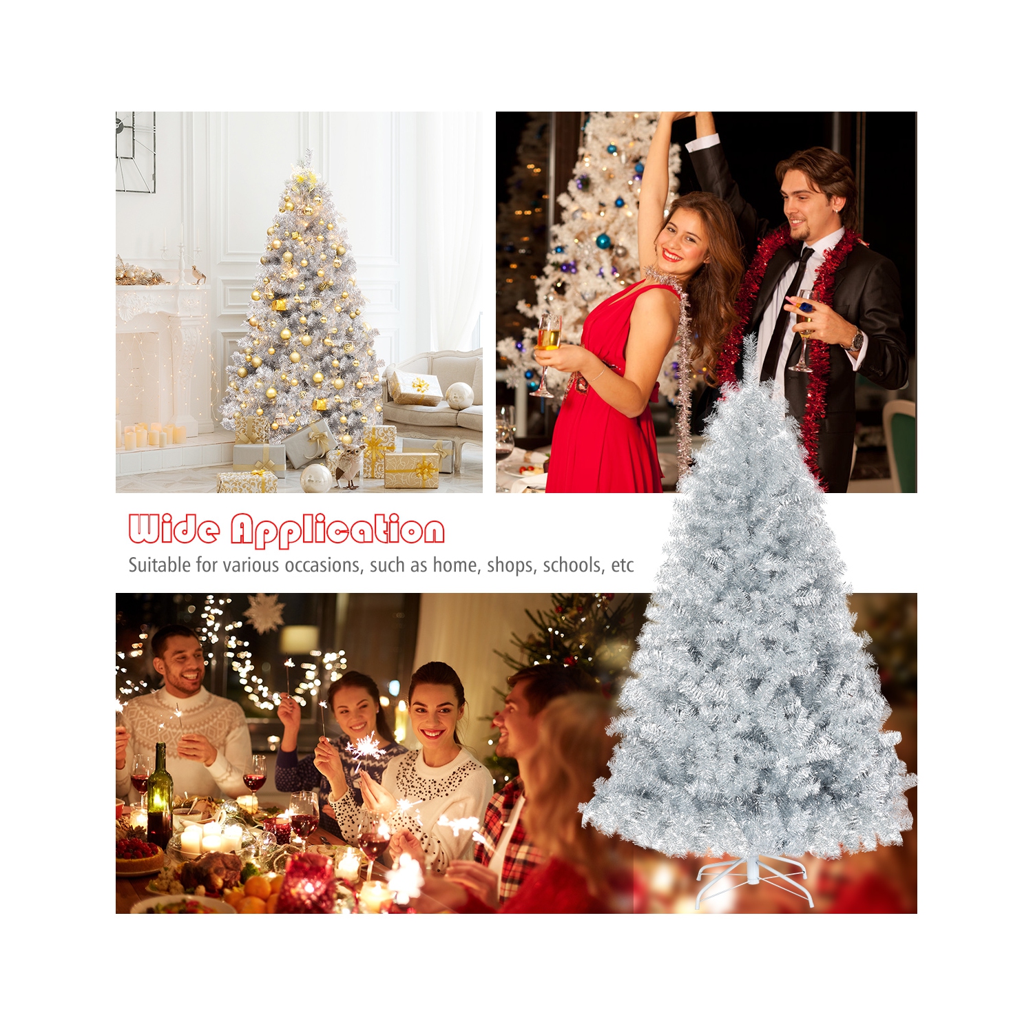 Topbuy 6Ft Hinged Artificial Silver Tinsel Christmas Tree with Metal Stand