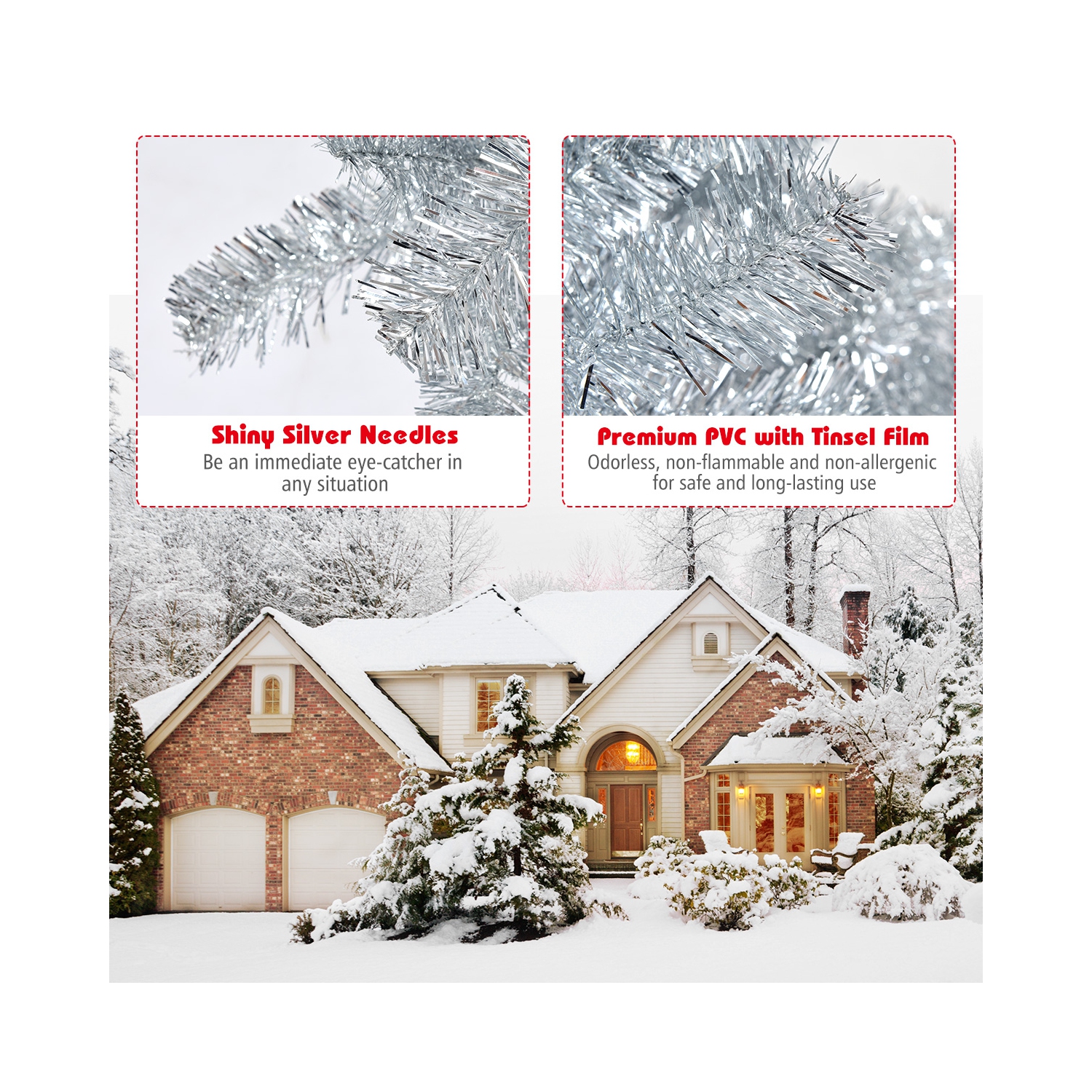 Topbuy 6Ft Hinged Artificial Silver Tinsel Christmas Tree with Metal Stand