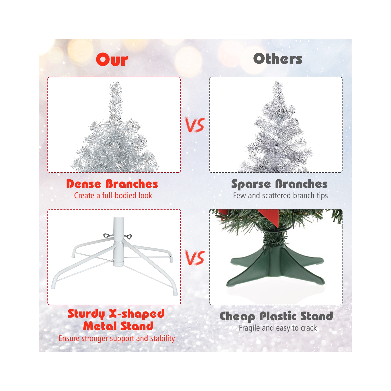 Topbuy 6Ft Hinged Artificial Silver Tinsel Christmas Tree with Metal Stand