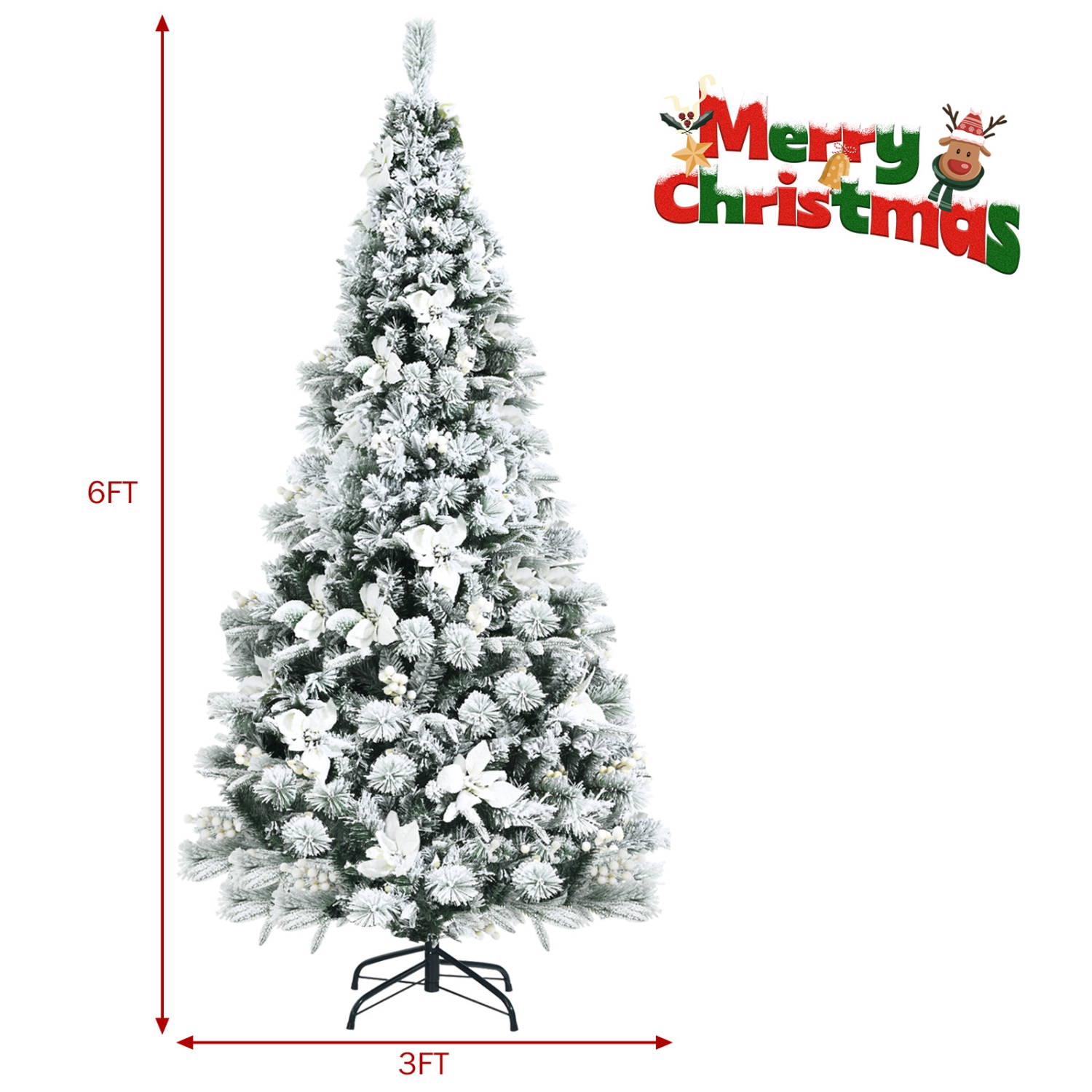 Topbuy Artificial Snow Flocked Christmas Tree 6FT Hinged Christmas Tree W/ 631 Branch Tips