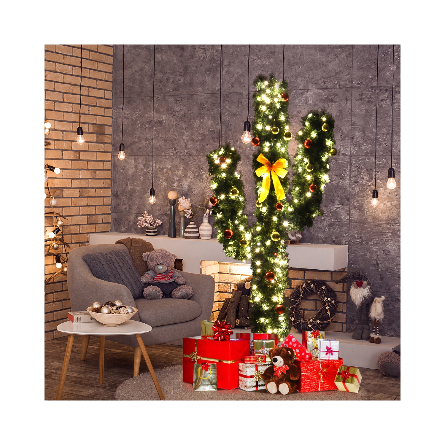 TopBuy – Cactus artificiels de 6 pi, arbre de Noël, fibre optique, lumières à DEL et boules