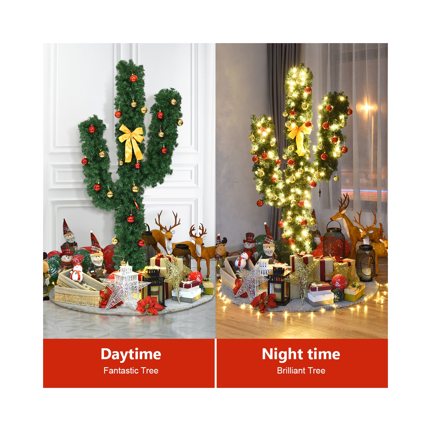 TopBuy – Cactus artificiels de 6 pi, arbre de Noël, fibre optique, lumières à DEL et boules