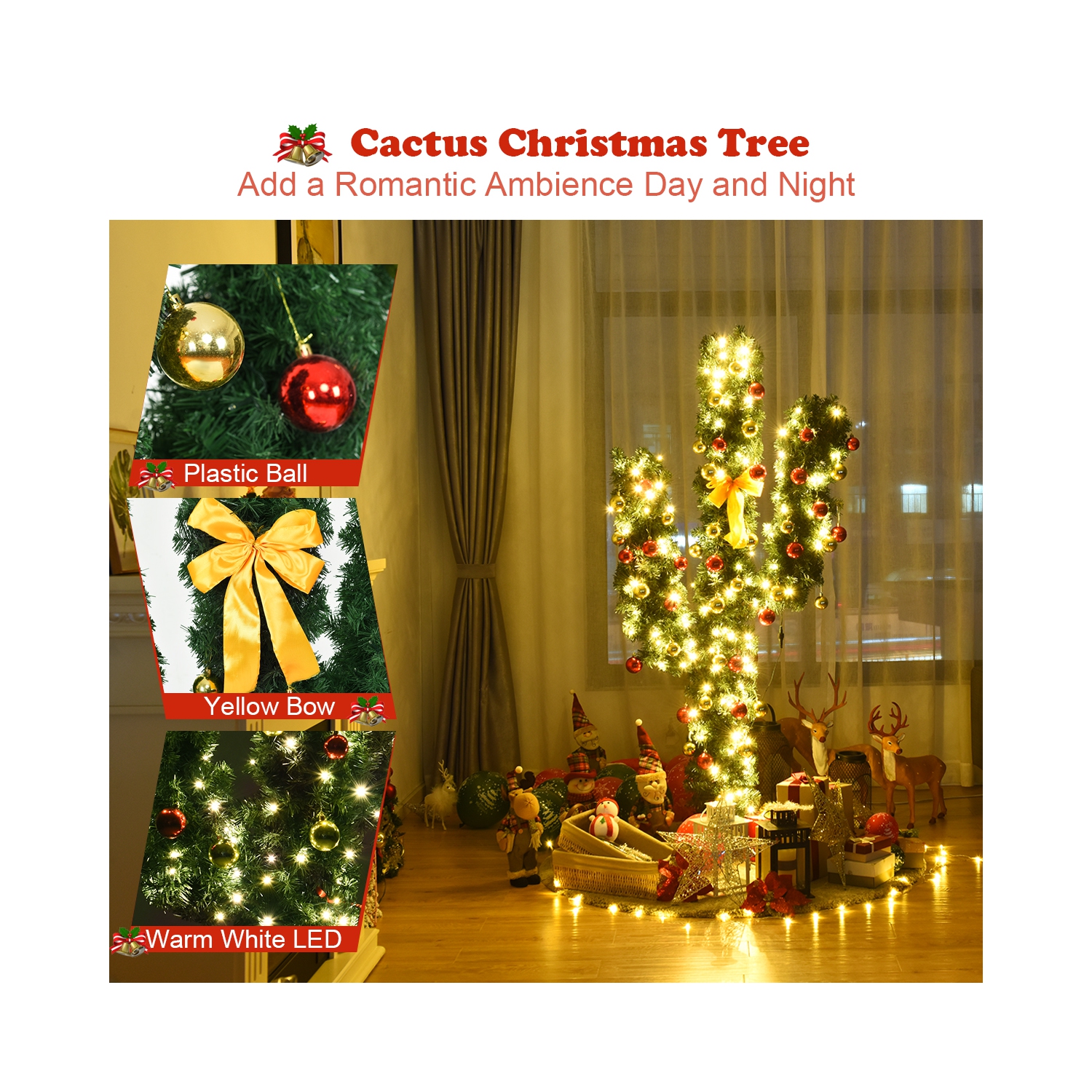 TopBuy – Cactus artificiels de 6 pi, arbre de Noël, fibre optique, lumières à DEL et boules