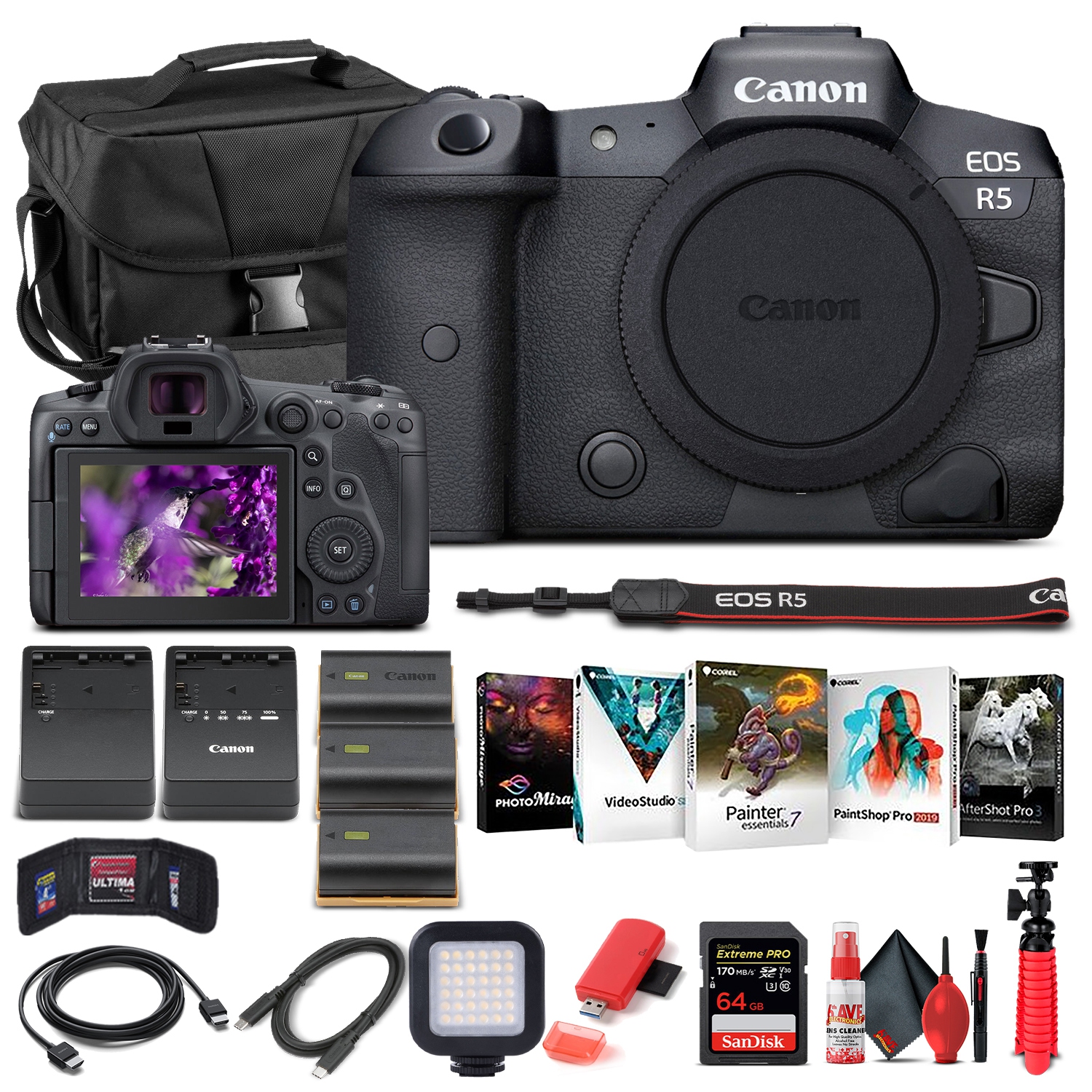 Canon EOS R5 Mirrorless Digital Camera (Body Only) with 64GB Memory Card, Batteries, Corel Photo Software, and More Bundle