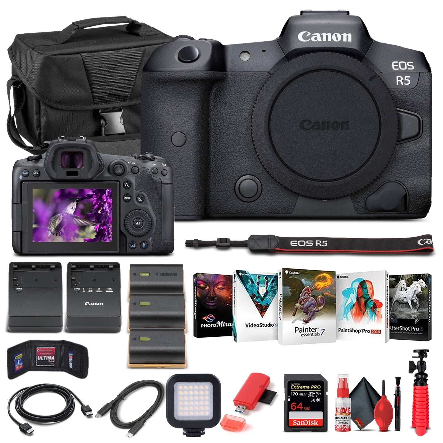 Canon EOS R5 Mirrorless Digital Camera with 64GB Memory Card, Batteries, Corel Photo Software, and More Bundle