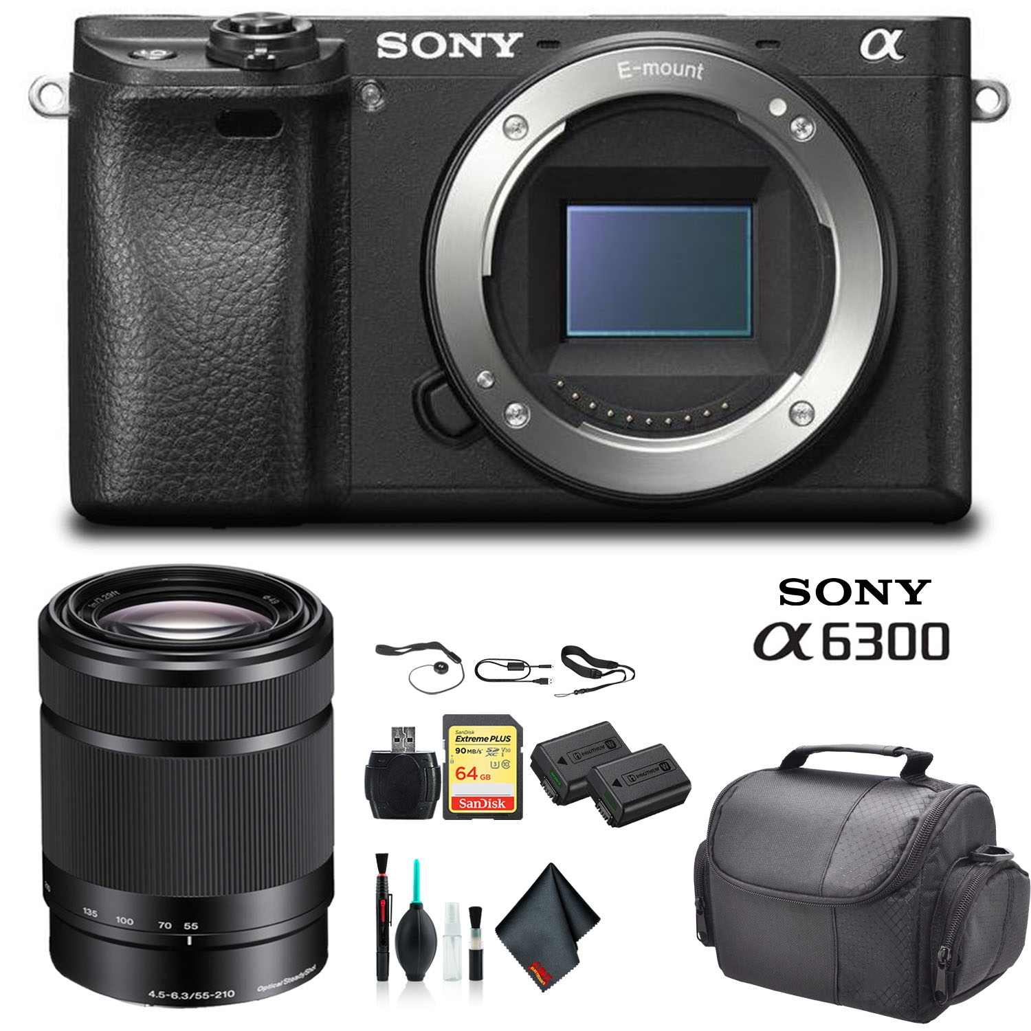 Sony Alpha a6300 Mirrorless Camera Black ILCE6300/B with Sony 55-210mm Lens, Soft Bag, Additional Battery, 64GB Memory C