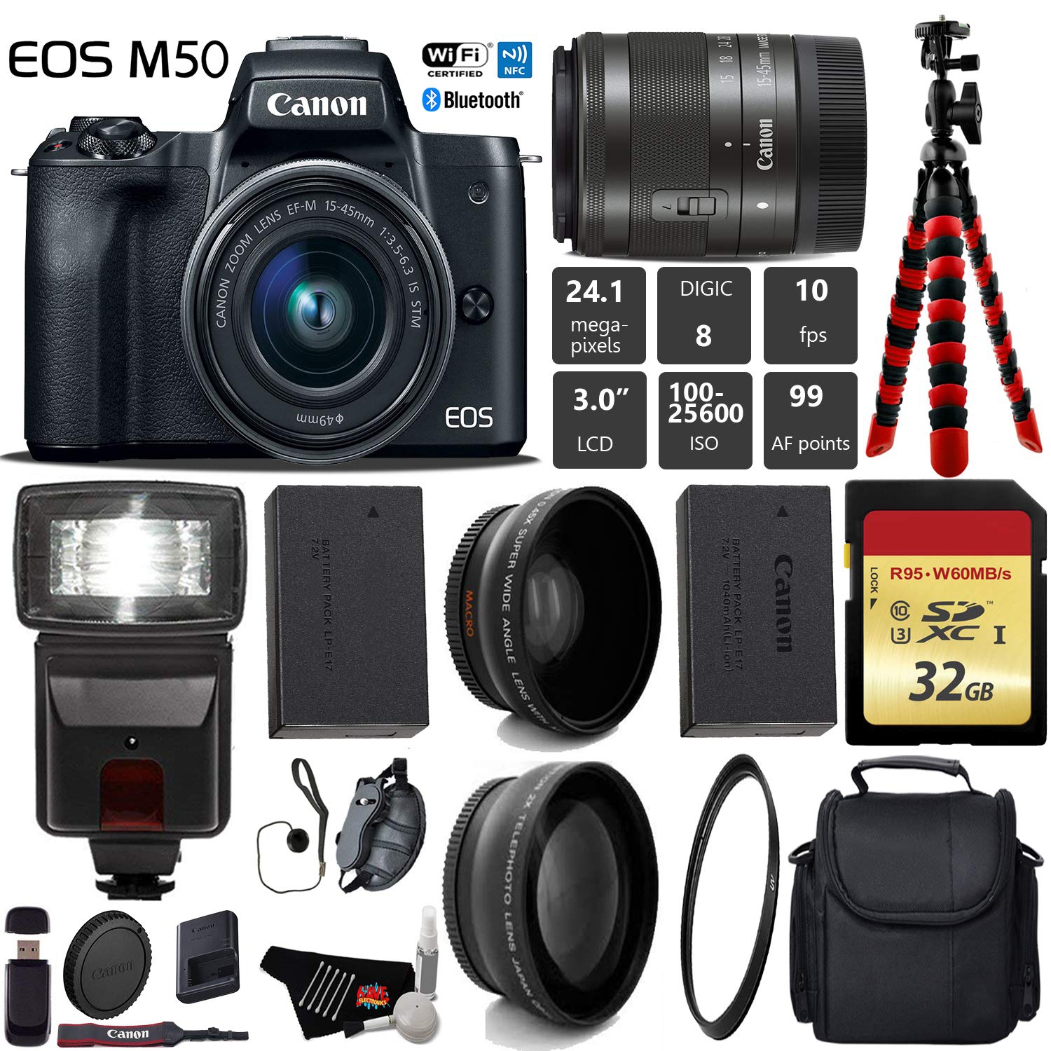 Canon EOS M50 Mirrorless Digital Camera with 15-45mm Lens + Flash + UV FLD CPL Filter Kit + Wide Angle & Telephoto Lens