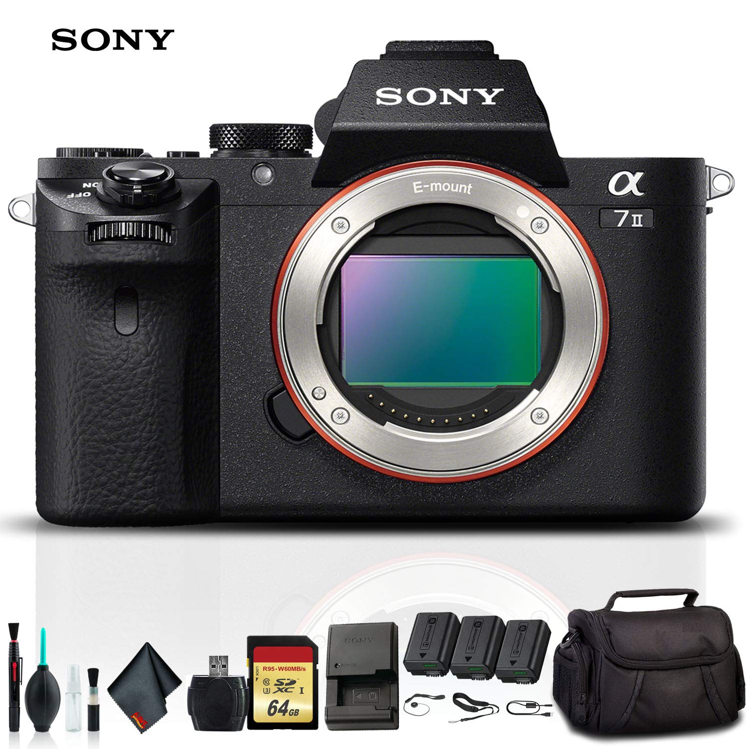 Sony Alpha a7 II Mirrorless Camera ILCE7M2/B with Soft Bag, Additional Battery, 64GB Memory Card, Card Reader, Plus Esse