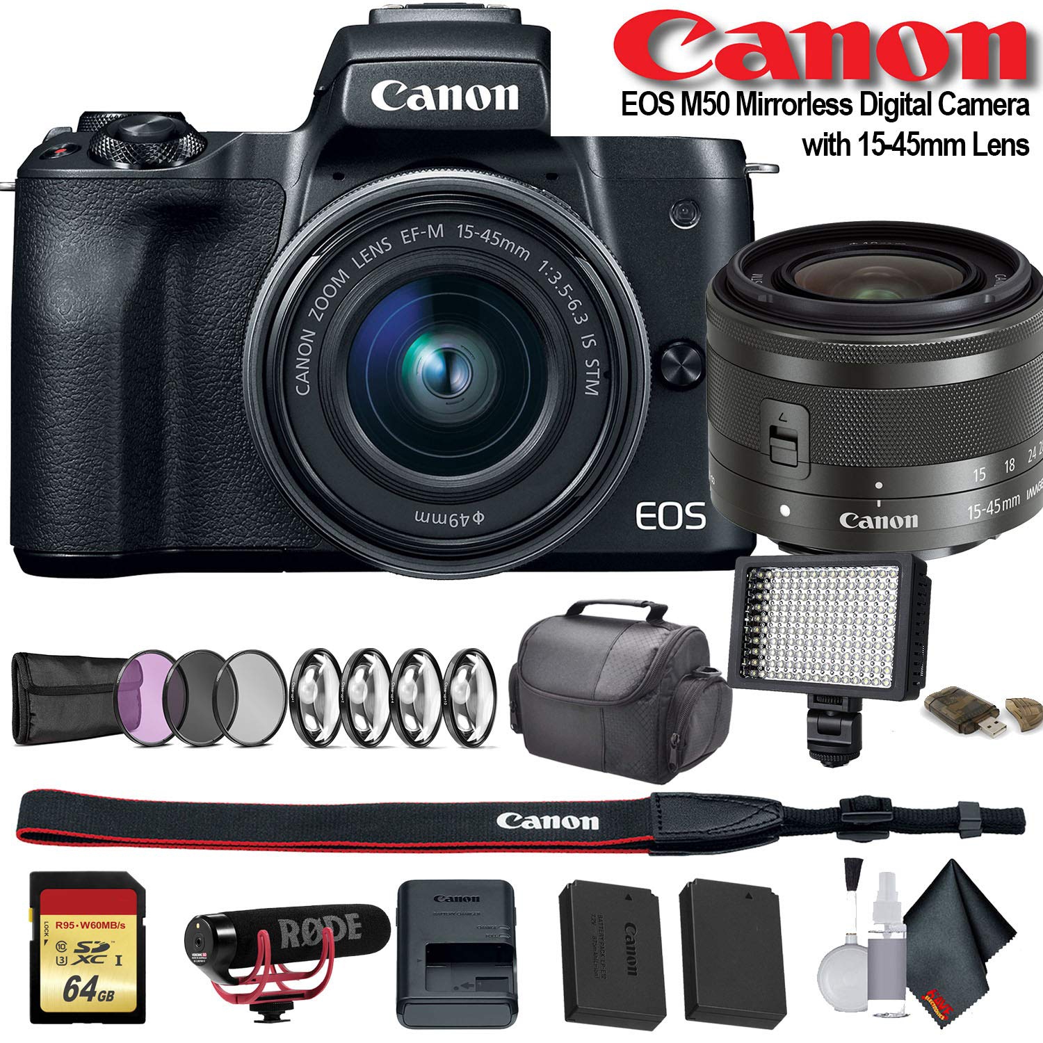 Canon EOS M50 Mirrorless Digital Camera with 15-45mm Lens (2680C011) W/Bag, Extra Battery, LED Light