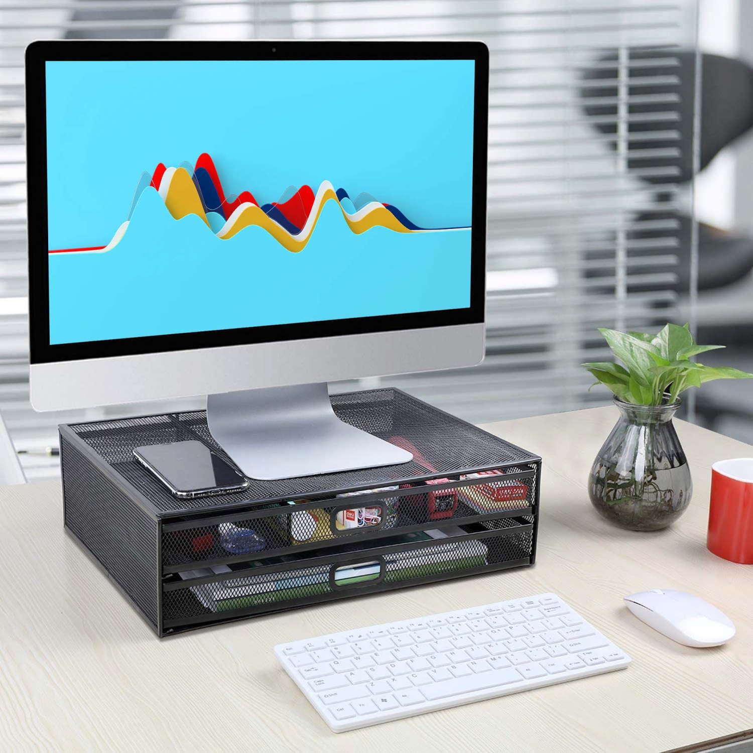 SHOPPINGALL Monitor Stand Riser with Drawer, Mesh Metal Desk Organizer with Two Pull Out Storage Drawers - SA-MMSD1…