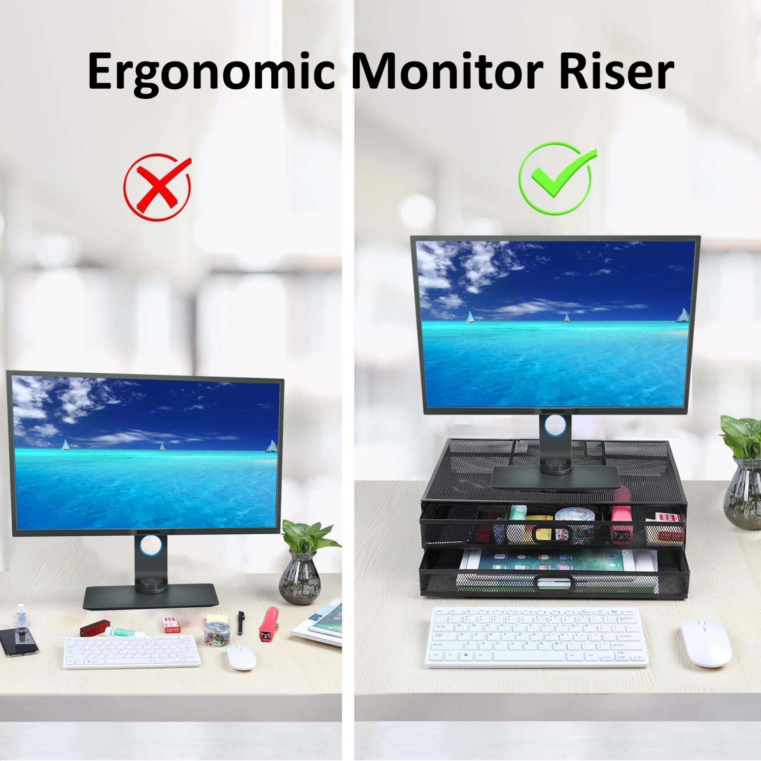 SHOPPINGALL Monitor Stand Riser with Drawer, Mesh Metal Desk Organizer with Two Pull Out Storage Drawers - SA-MMSD1…