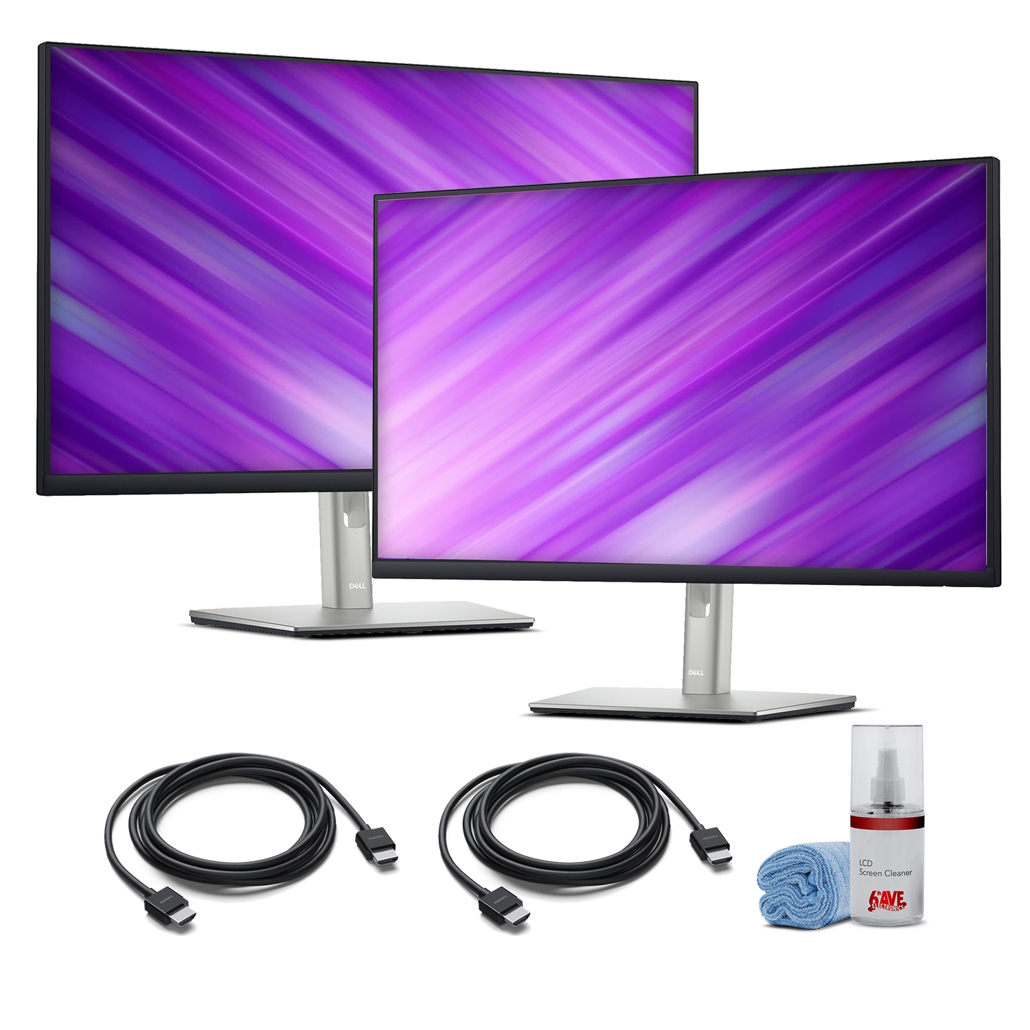2 x Dell Full HD 1080p, 16:9 IPS Monitor + 2 x HDMI Cable + LCD Cleaning Kit