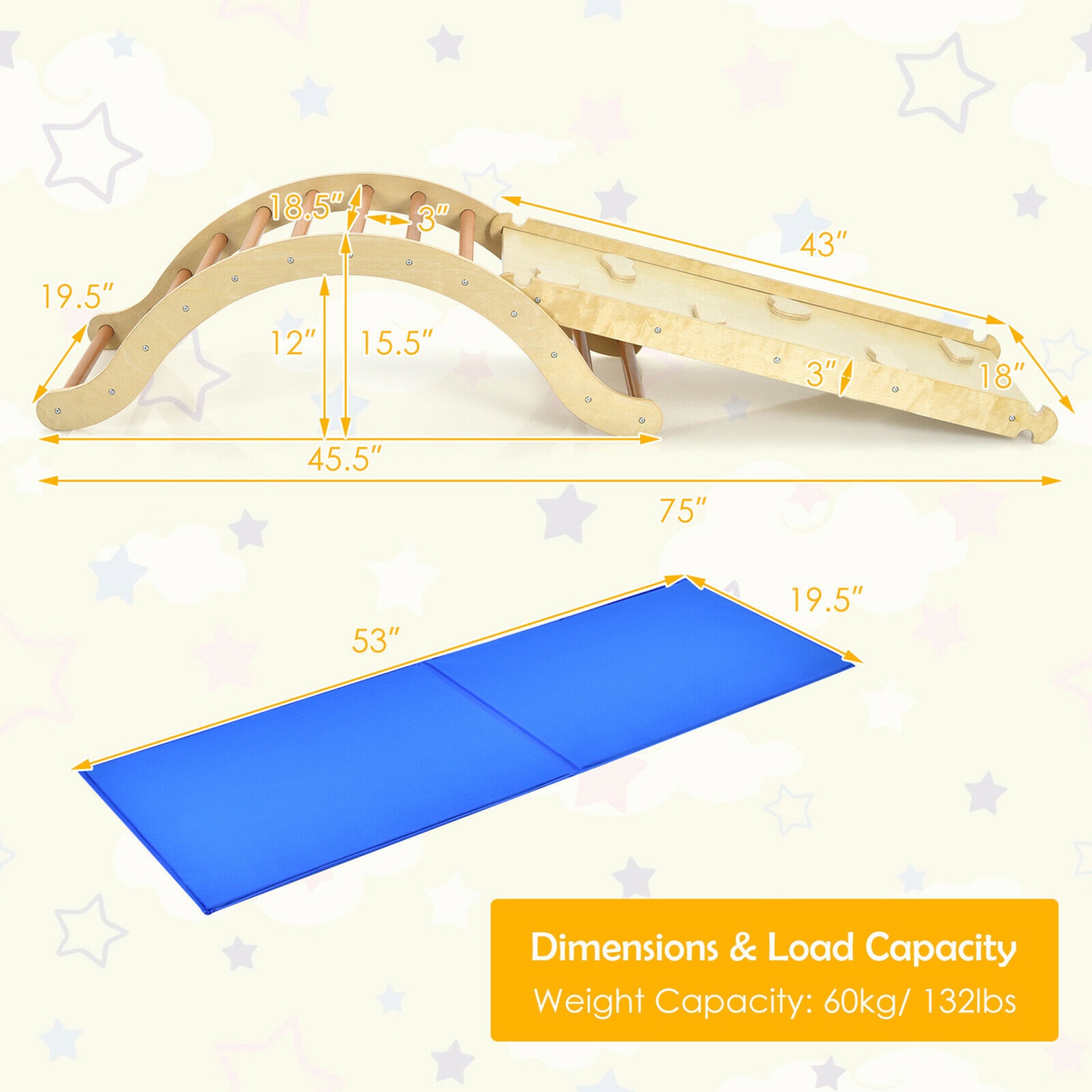 Gymax 3-in-1 Kids Climber Set Wooden Arch Triangle Rocker w/ Ramp & Blue Mat