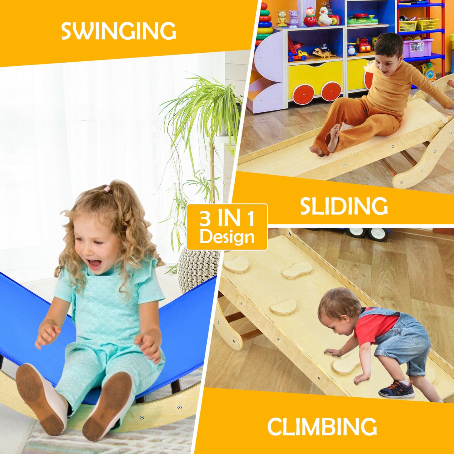 Gymax 3-in-1 Kids Climber Set Wooden Arch Triangle Rocker w/ Ramp & Blue Mat