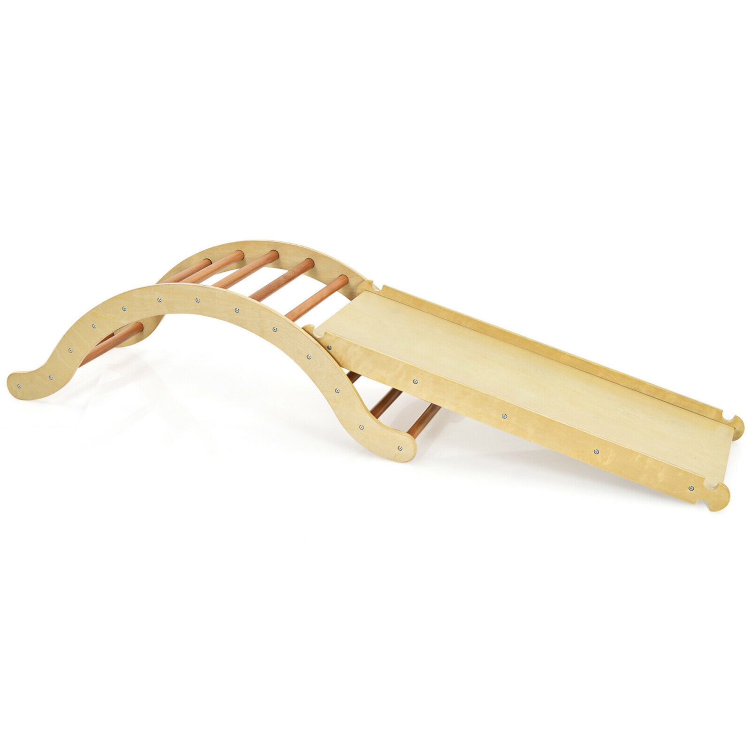 Gymax 3-in-1 Kids Climber Set Wooden Arch Triangle Rocker w/ Ramp & Blue Mat