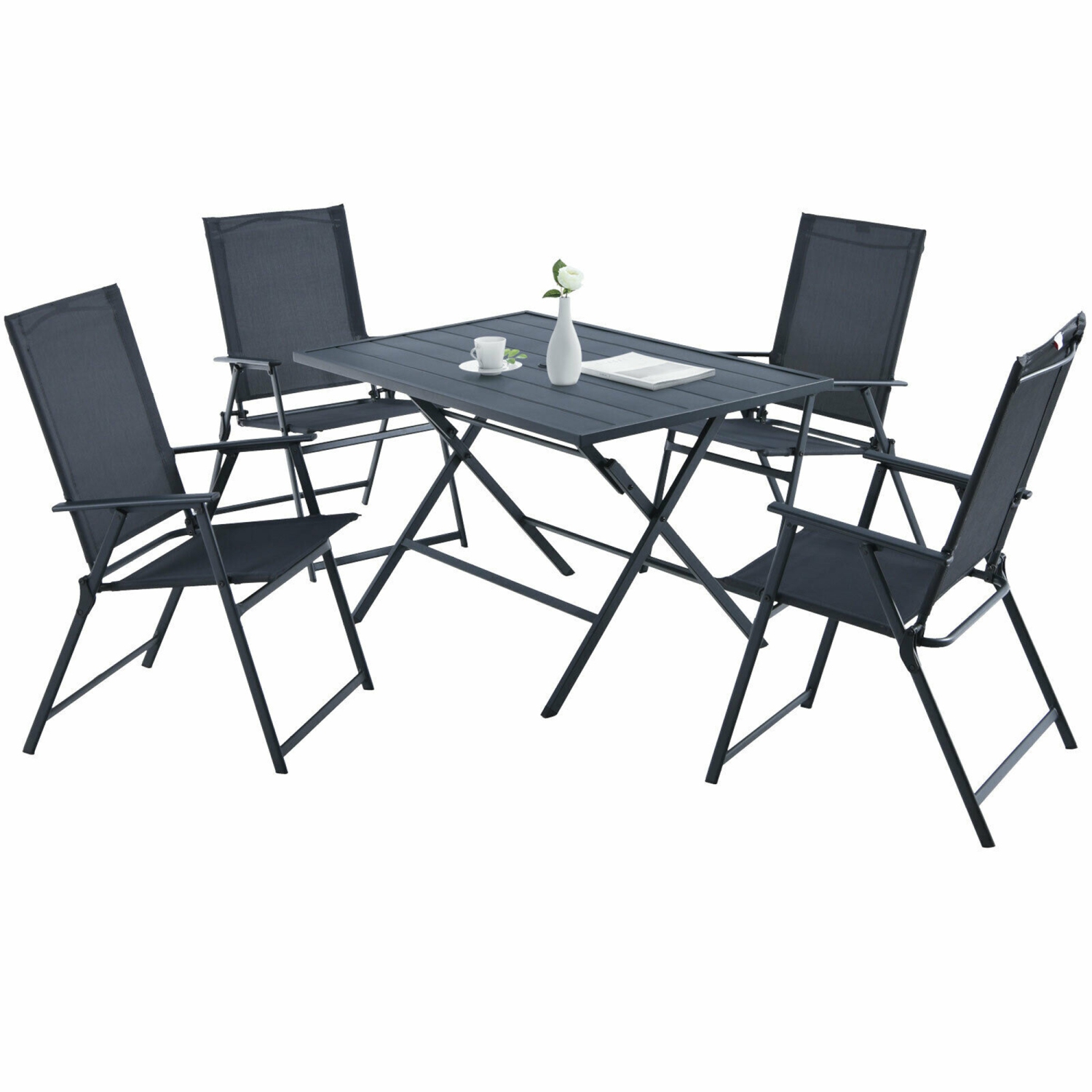 Gymax 5PCS Patio Folding Table & Chairs Set Outdoor Dining Set w/ Umbrella Hole