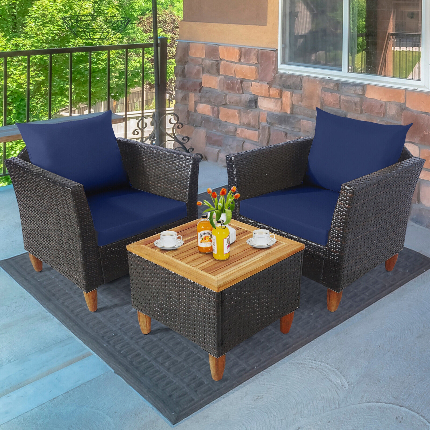 Gymax 3PCS Patio Furniture Set Conversation Bistro Set w/ Acacia Wood & Cushions Navy