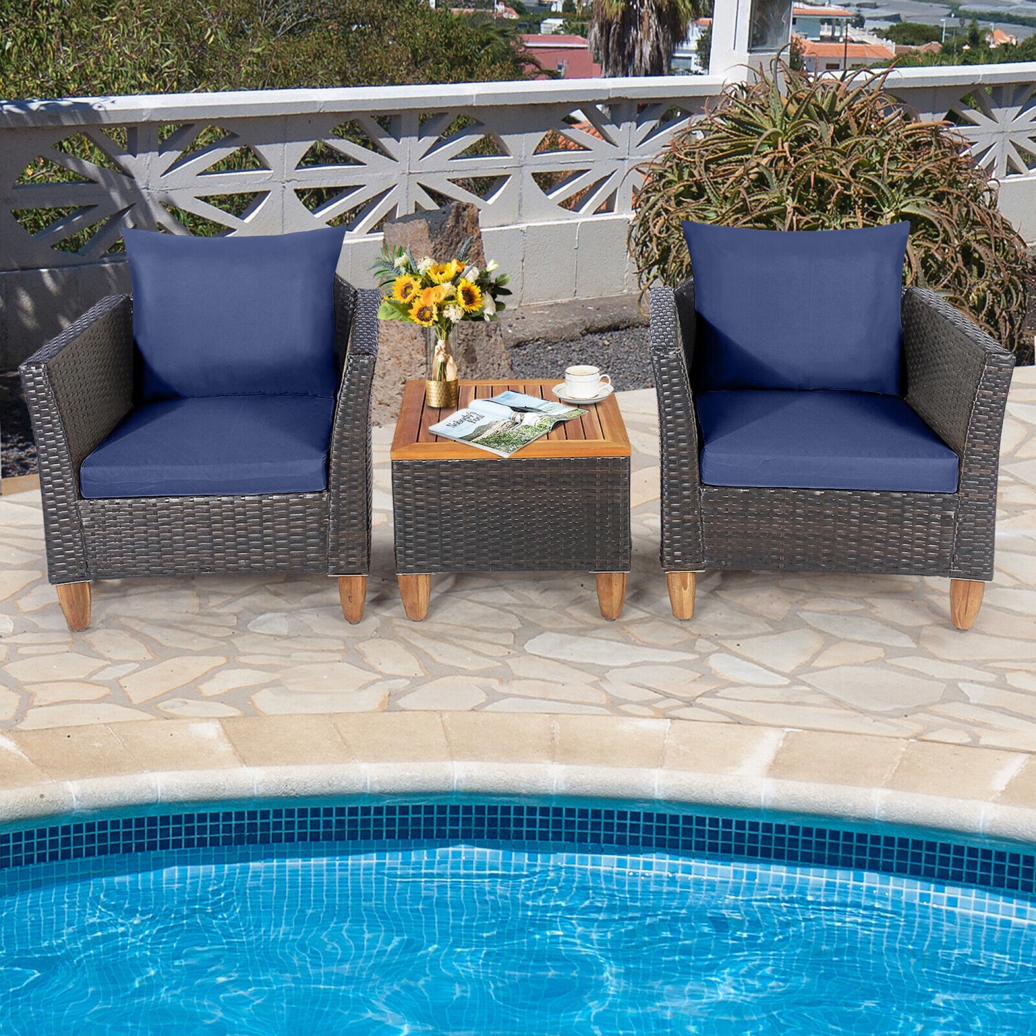Gymax 3PCS Patio Furniture Set Conversation Bistro Set w/ Acacia Wood & Cushions Navy