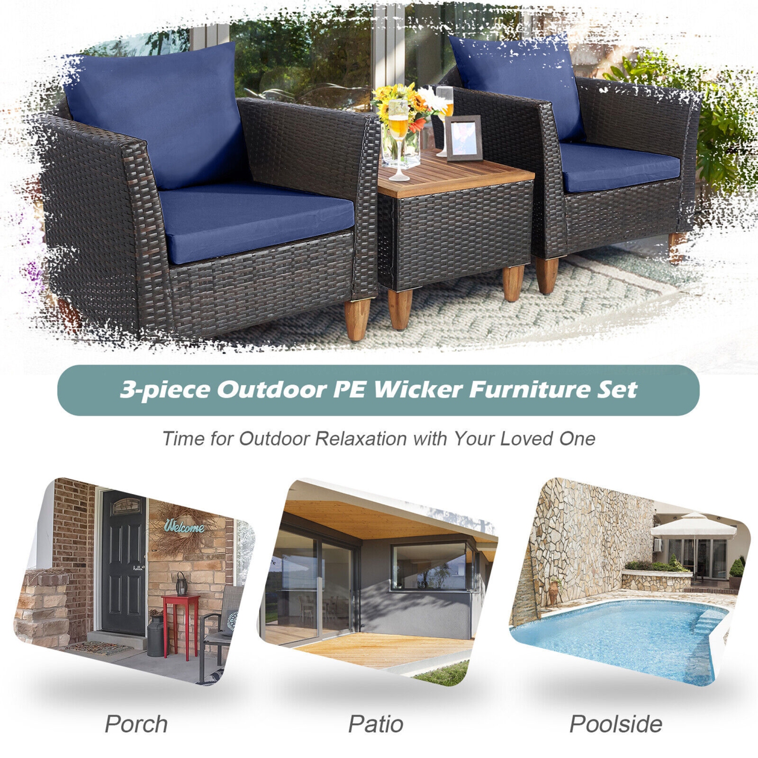 Gymax 3PCS Patio Furniture Set Conversation Bistro Set w/ Acacia Wood & Cushions Navy