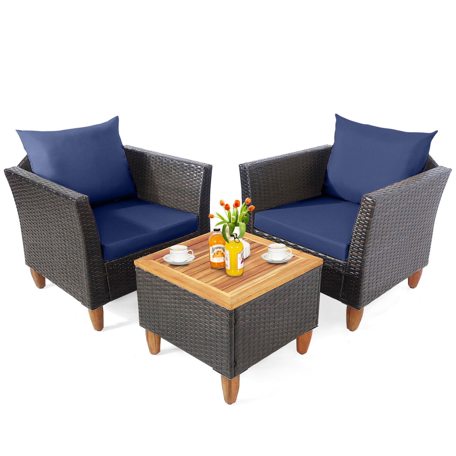 Gymax 3PCS Patio Furniture Set Conversation Bistro Set w/ Acacia Wood & Cushions Navy