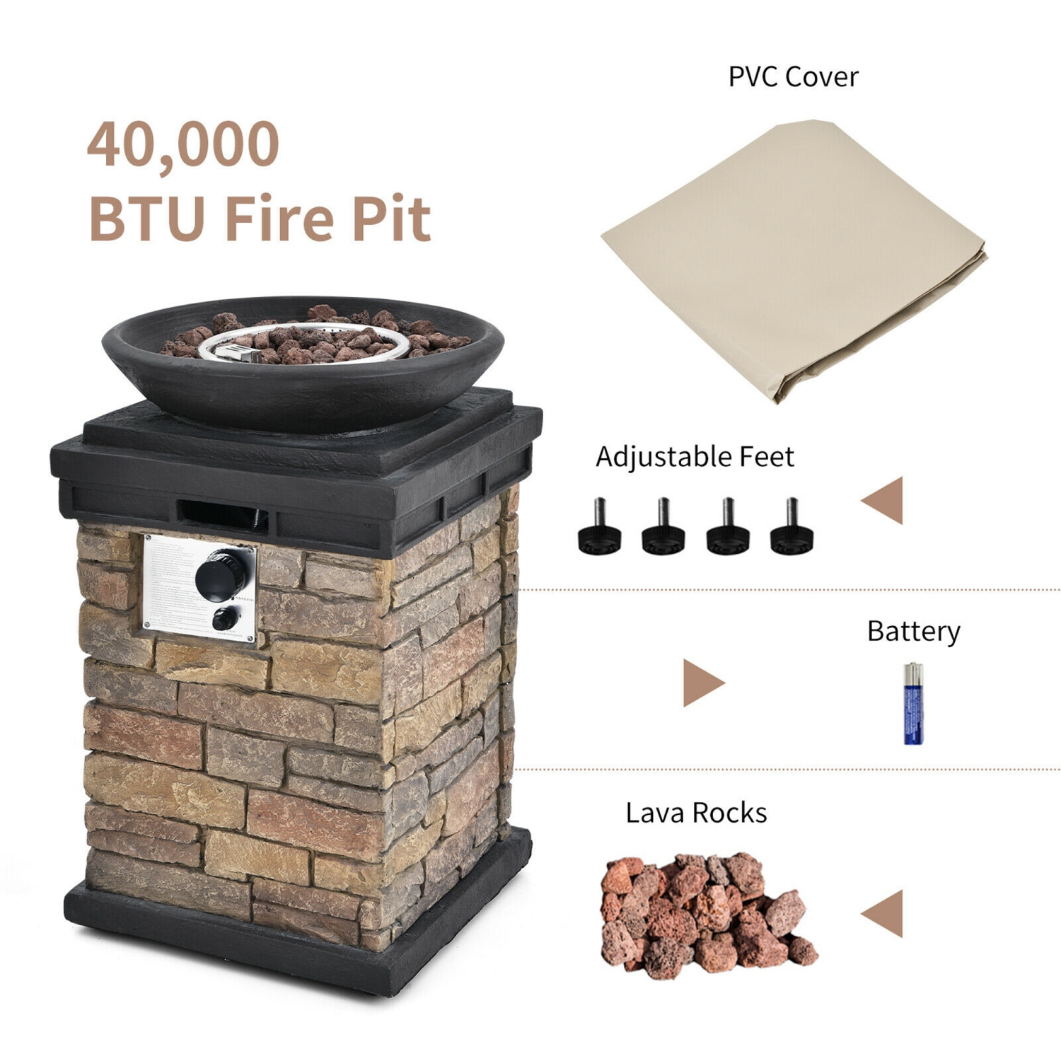Gymax 40,000 BTU Burning Fire Bowl Column Propane Patio Yard w/ Lava Rocks