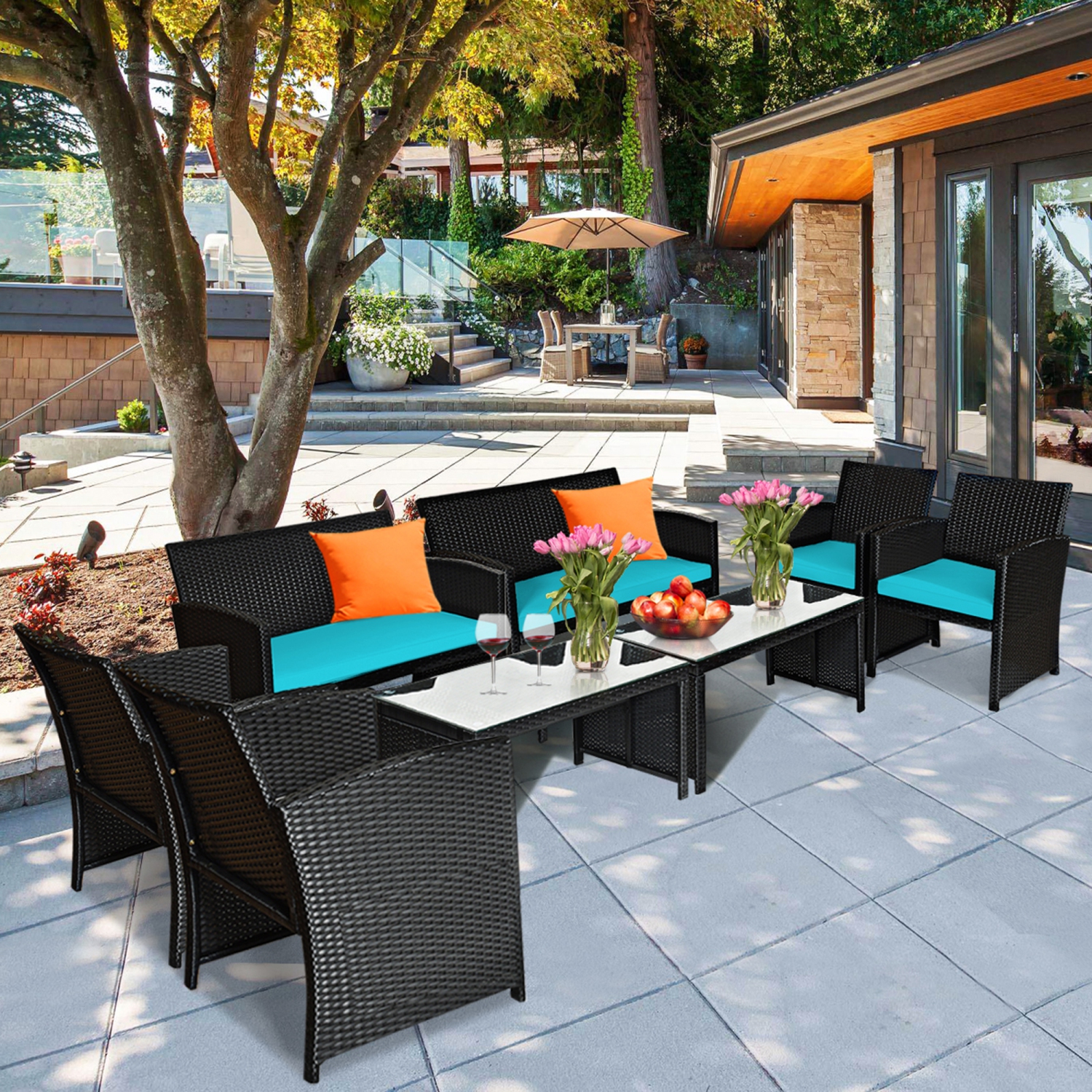 Gymax 8PCS Rattan Outdoor Conversation Set Patio Furniture Set w/ Turquoise Cushions