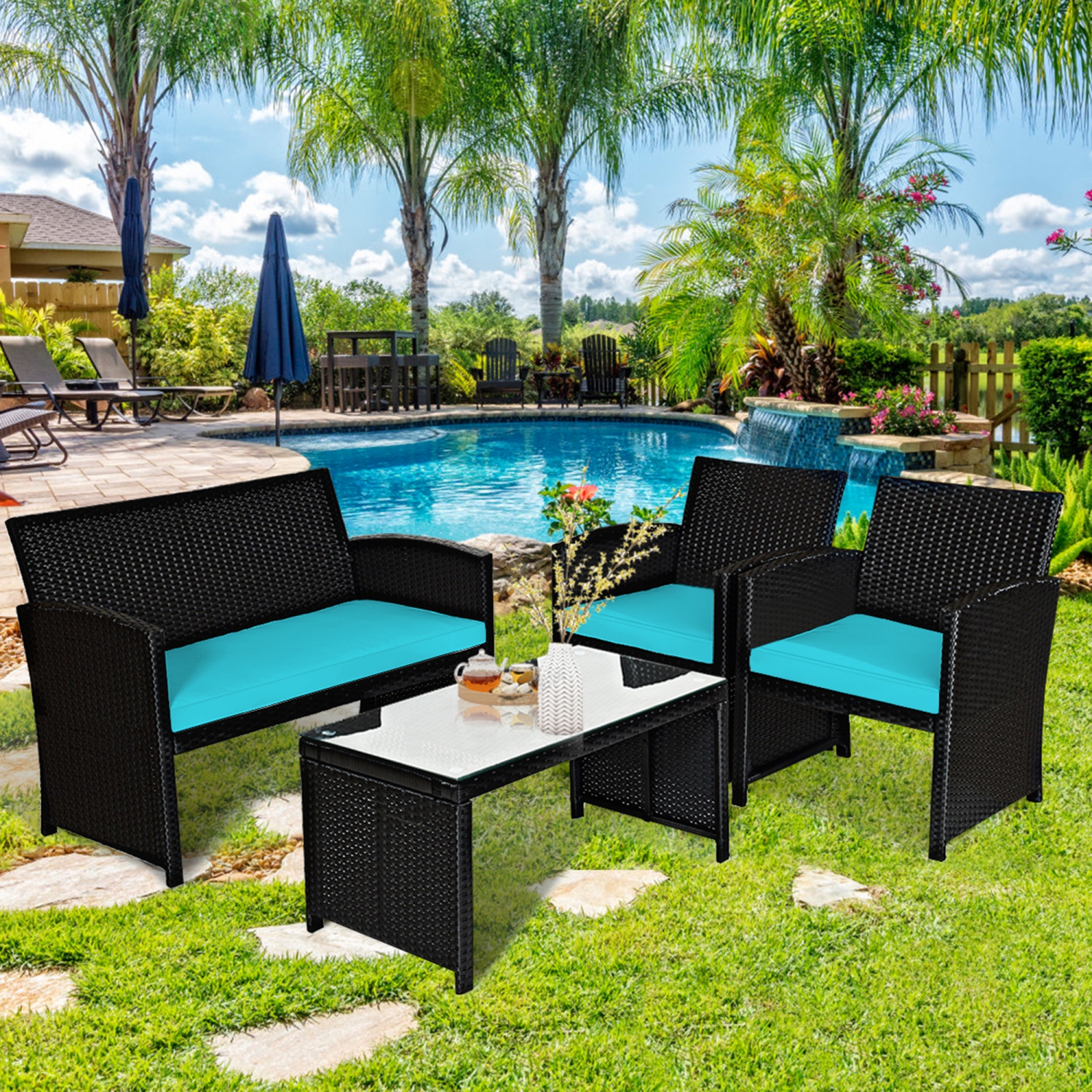 Gymax 8PCS Rattan Outdoor Conversation Set Patio Furniture Set w/ Turquoise Cushions