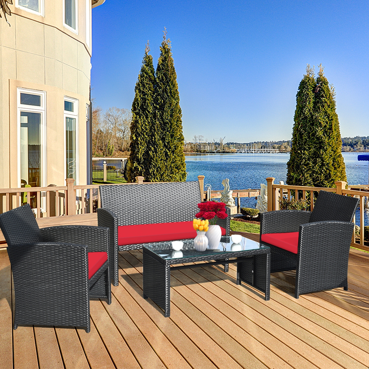 Gymax 8PCS Rattan Outdoor Conversation Set Patio Furniture Set w/ Red Cushions