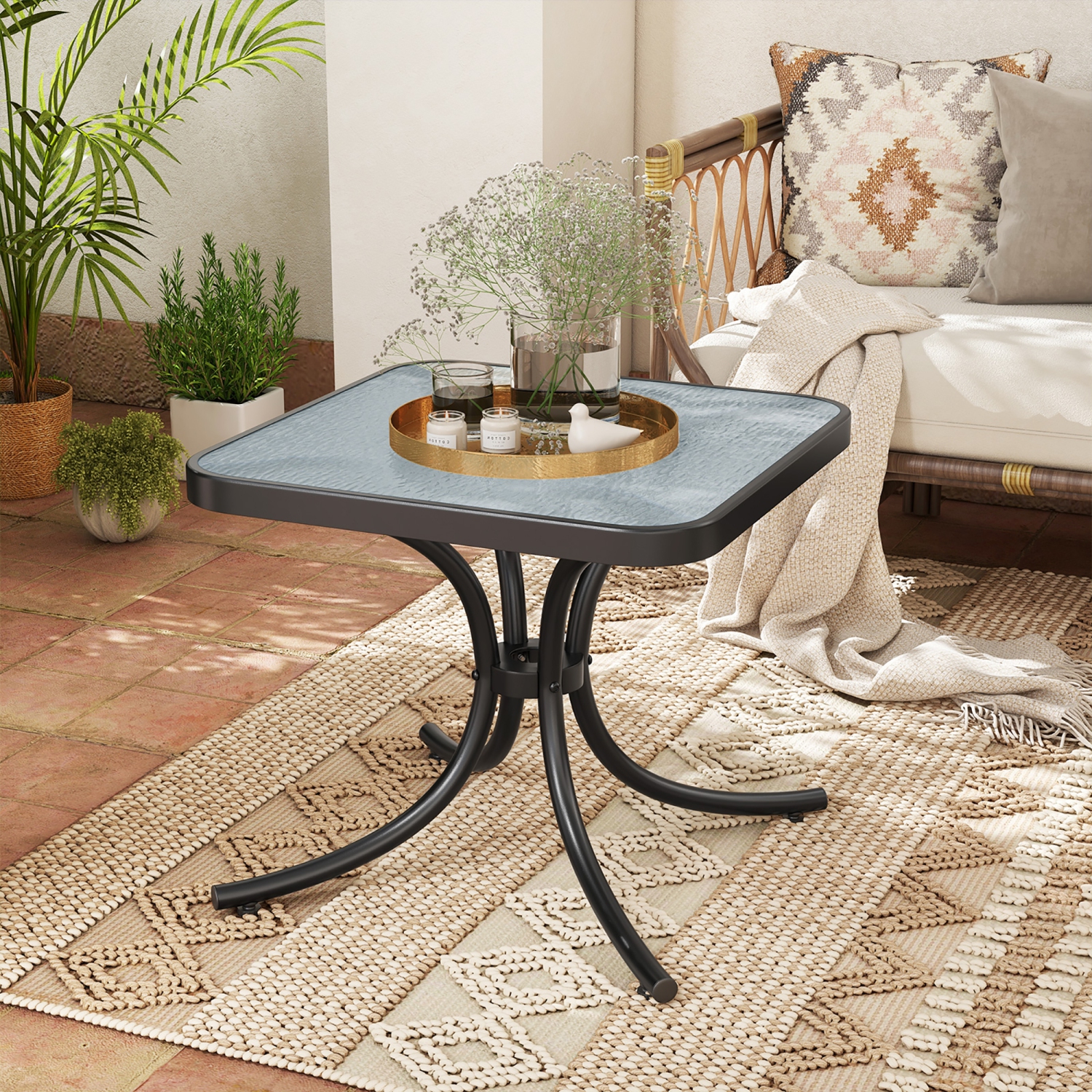 Gymax Outdoor Side Table Square Patio Table w/ Tempered Glass Top Small Coffee Table