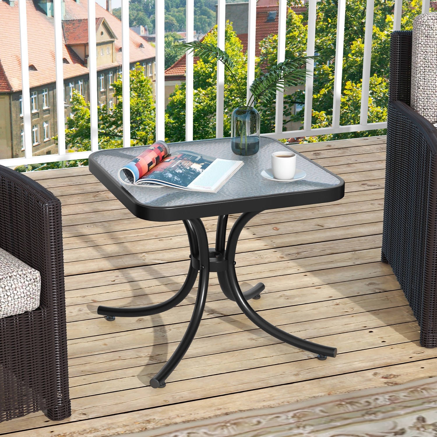 Gymax Outdoor Side Table Square Patio Table w/ Tempered Glass Top Small Coffee Table