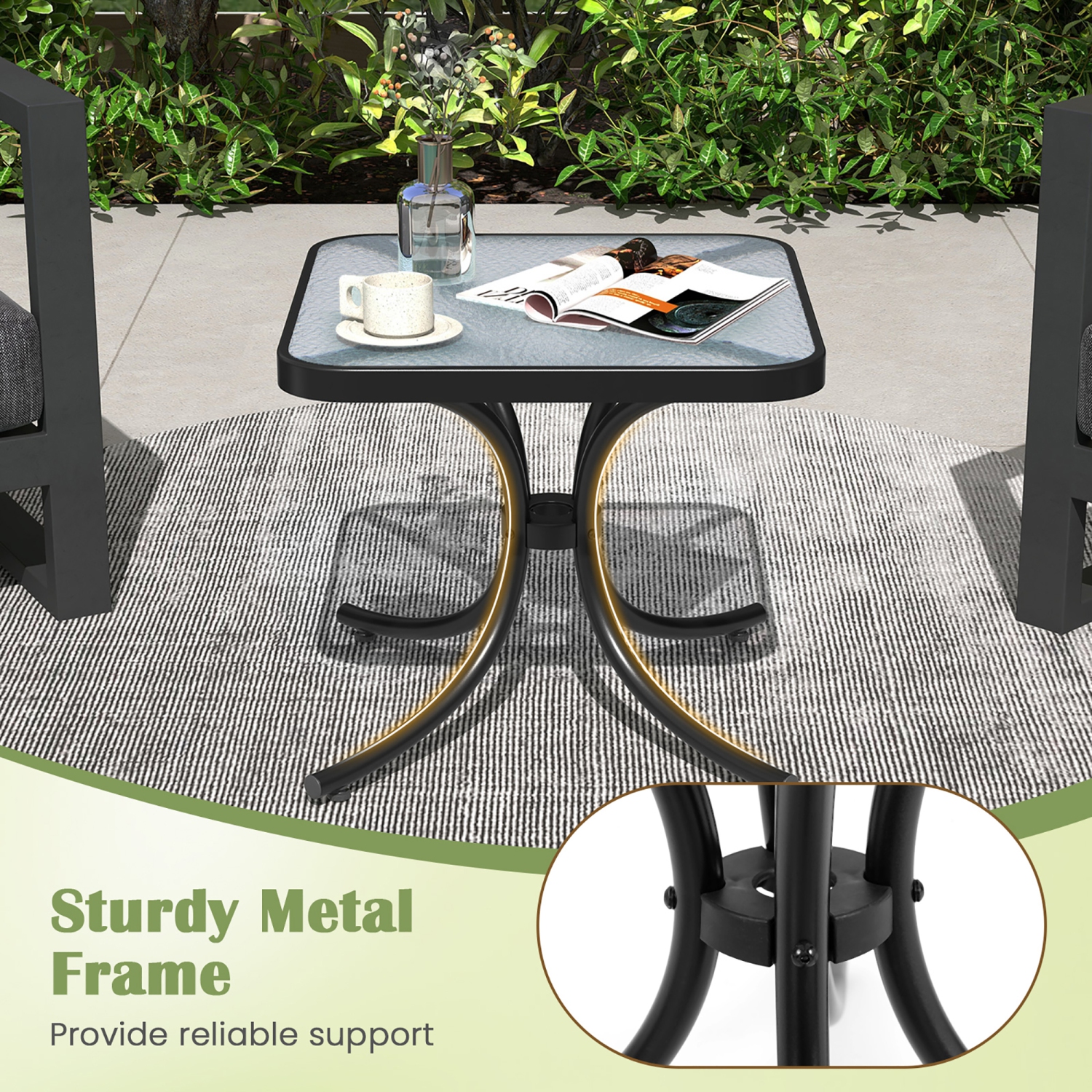 Gymax Outdoor Side Table Square Patio Table w/ Tempered Glass Top Small Coffee Table