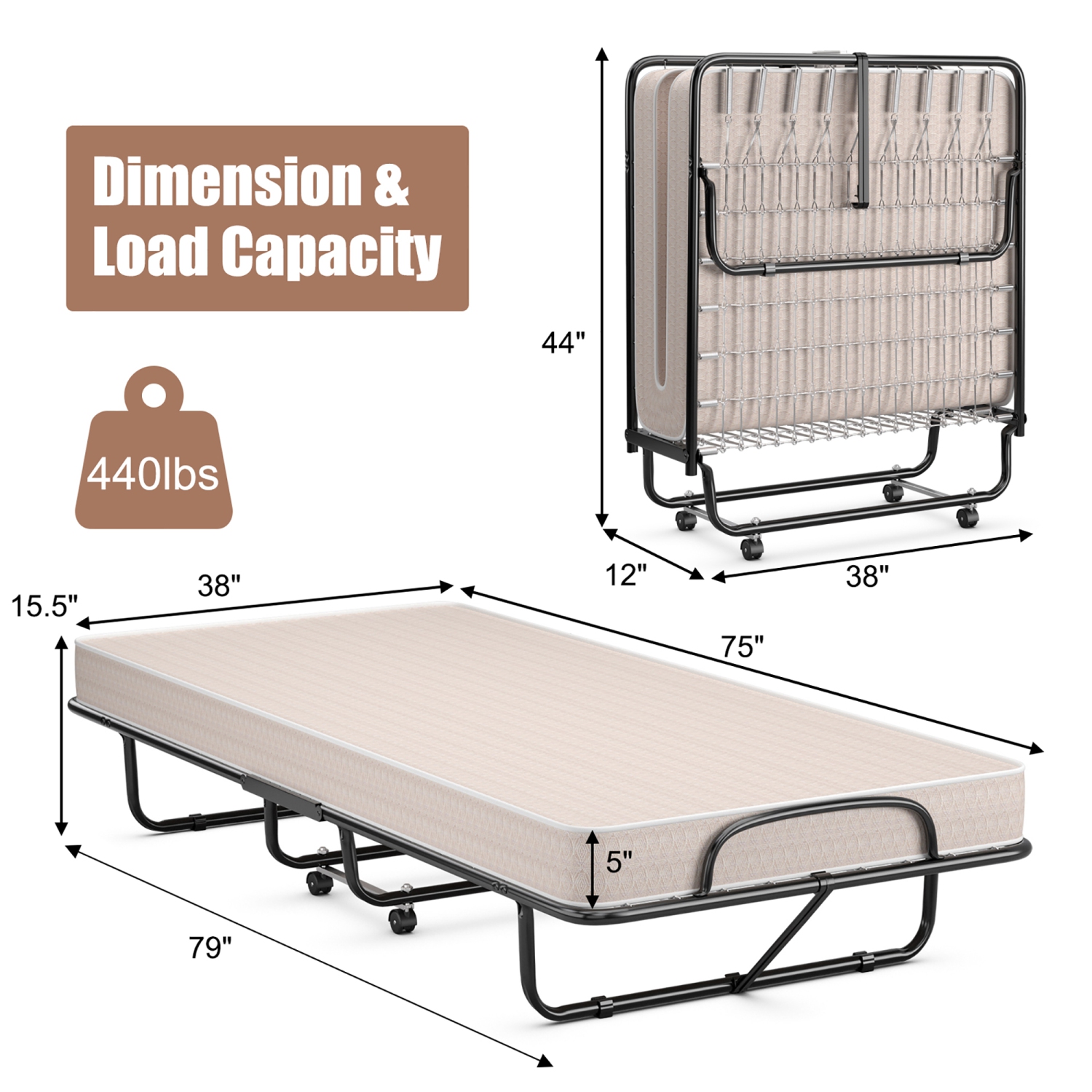 Gymax Folding Bed with Mattress Portable Rollaway Guest Cot Memory Foam Made in Italy Beige