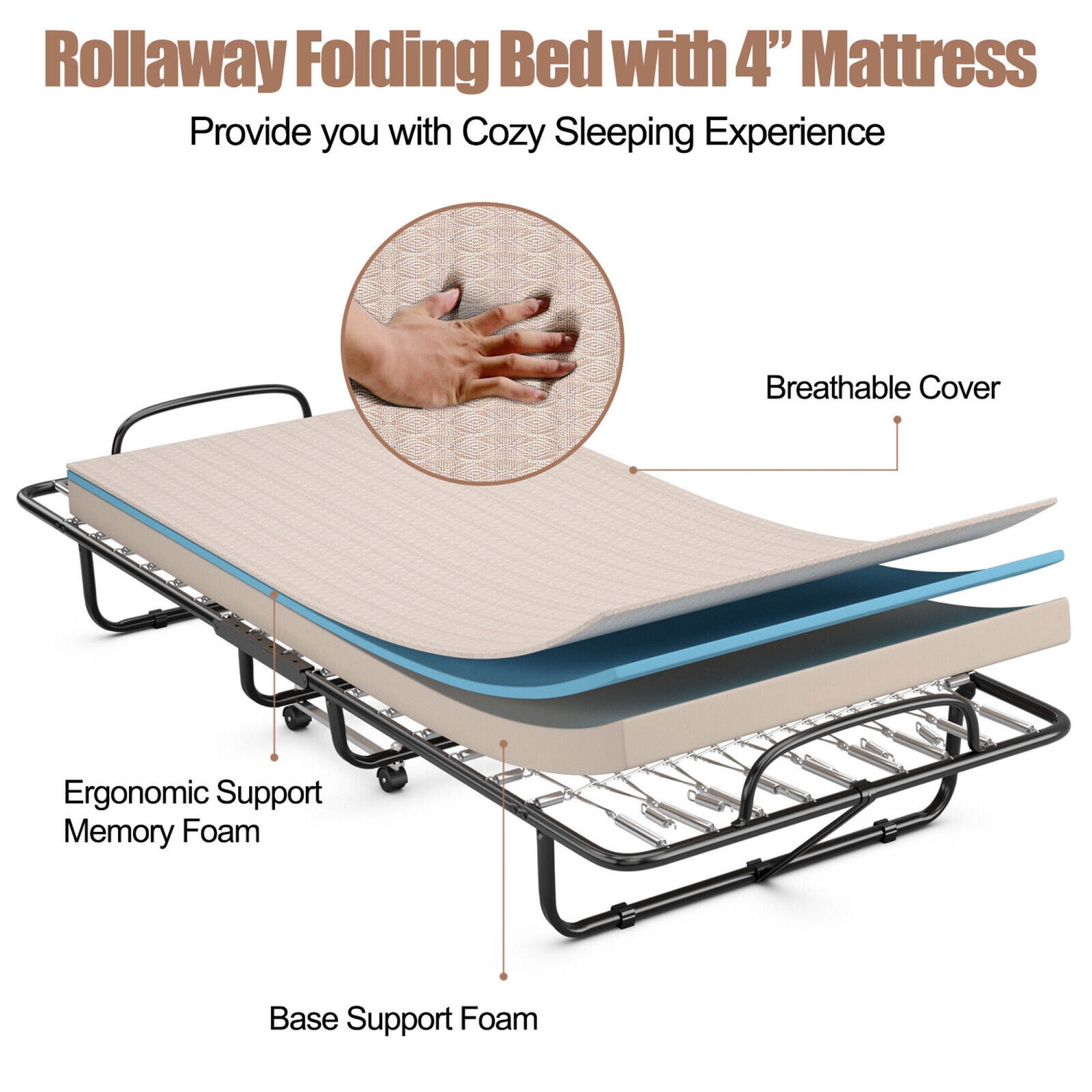 Gymax Folding Bed with Mattress Portable Rollaway Guest Cot Memory Foam Made in Italy Beige
