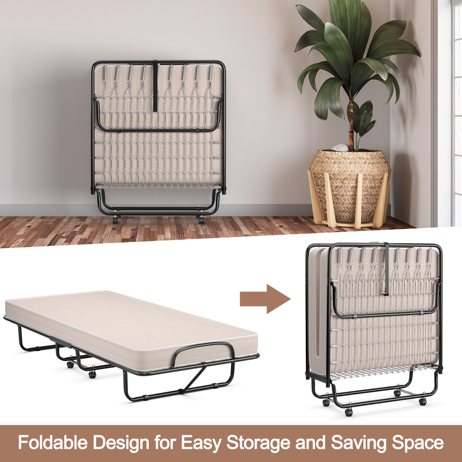 Gymax Folding Bed with Mattress Portable Rollaway Guest Cot Memory Foam Made in Italy Beige