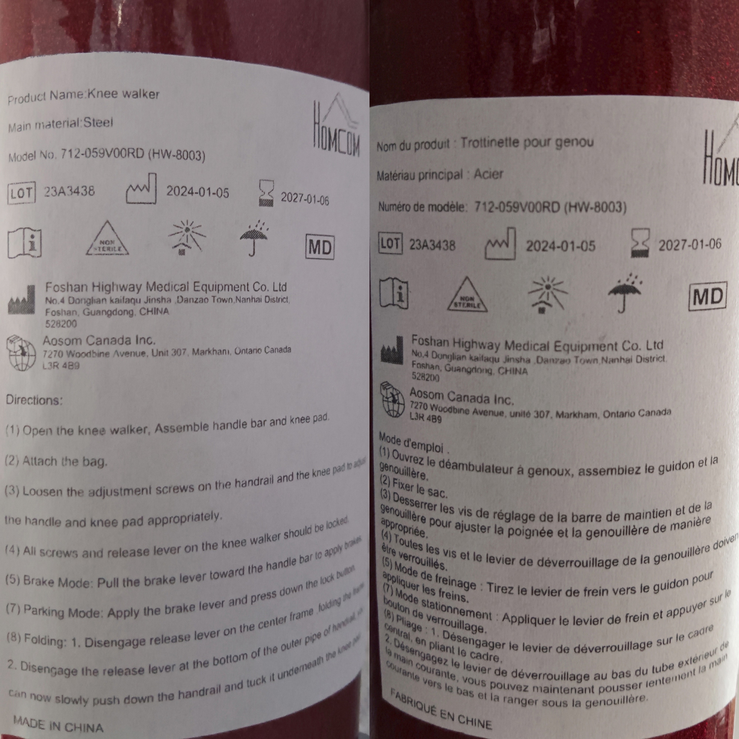 HOMCOM Knee Walker, Foldable Steerable Medical Knee Scooter, Crutch Alternative with 12" rubber wheels, Braking System, Storage Bag for Foot