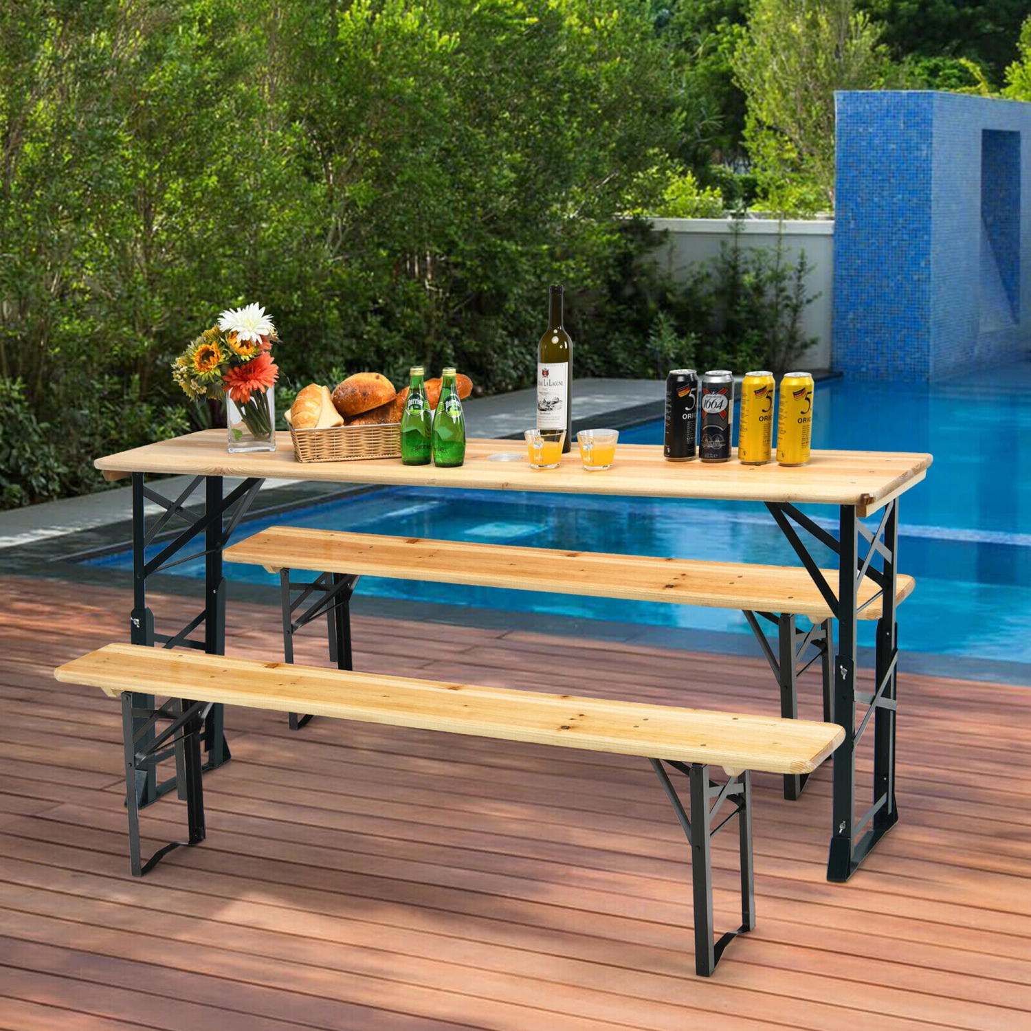 Gymax 5.5 Ft Outdoor Folding Wood Picnic Table Height Adjustable Metal Frame