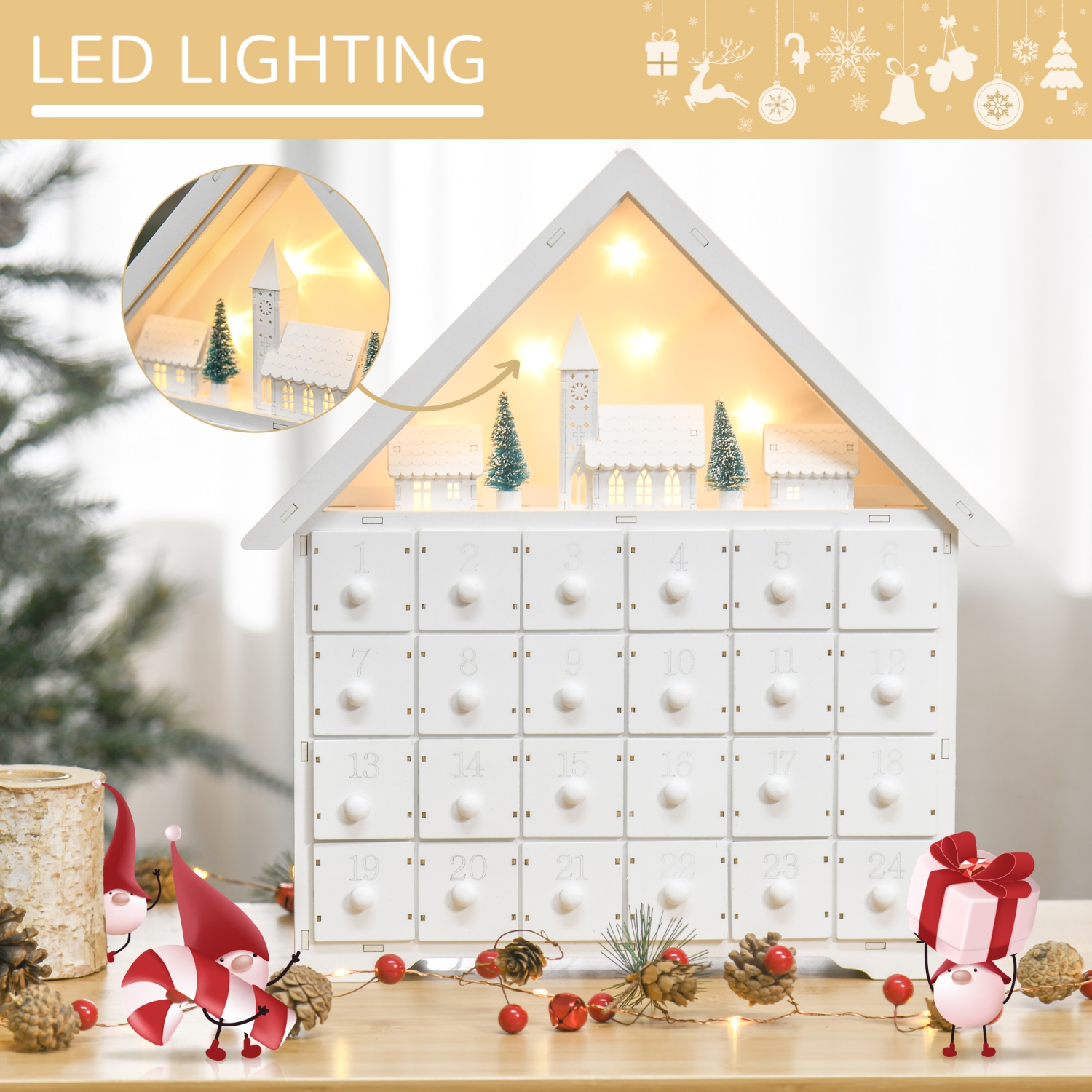 HOMCOM Christmas Advent Calendar, Light Up Table Xmas Wooden House Holiday Decoration with Countdown Drawer, Village, for kids Adults, White