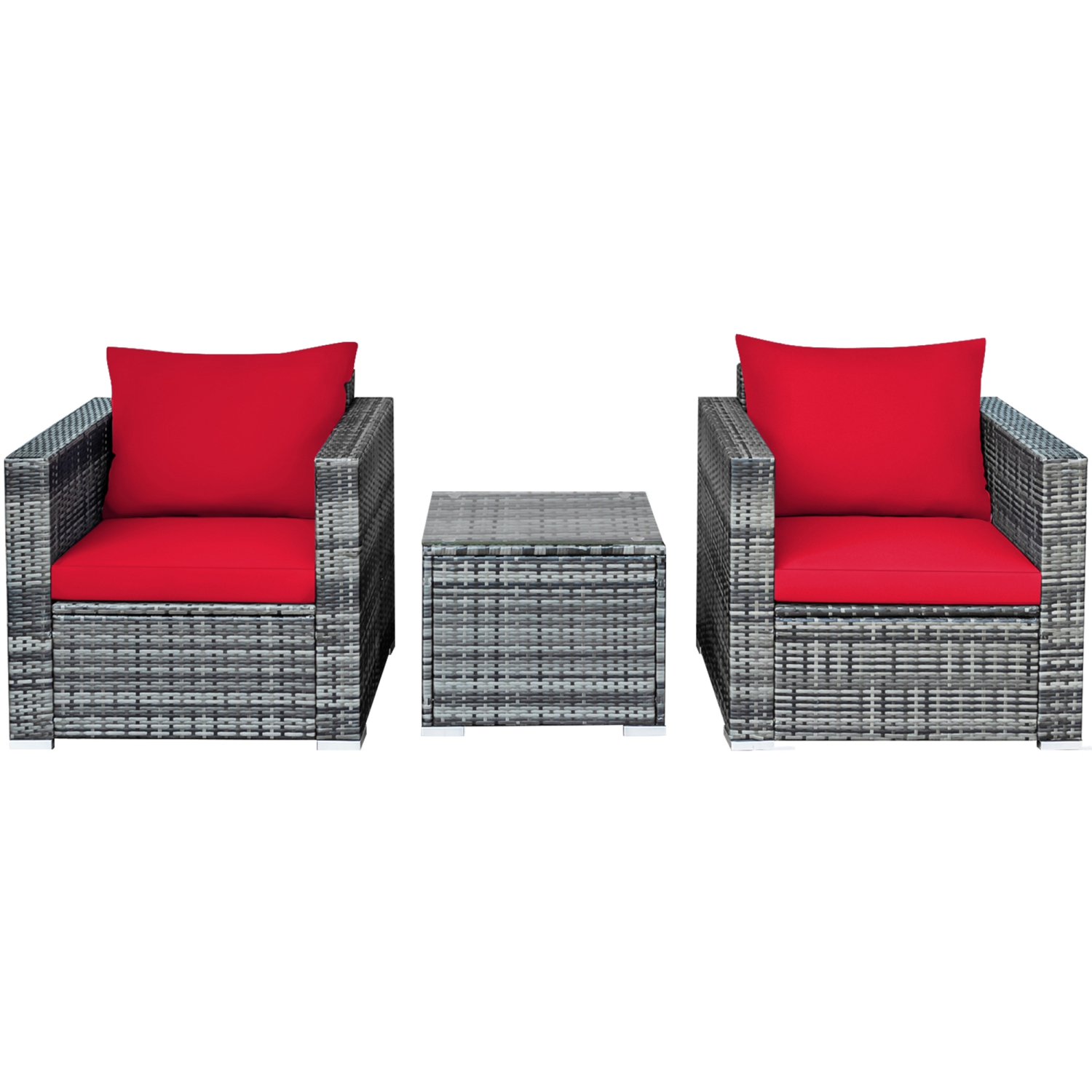 Gymax 3PCS Rattan Patio Conversation Furniture Set Outdoor Yard w/ Red Cushion