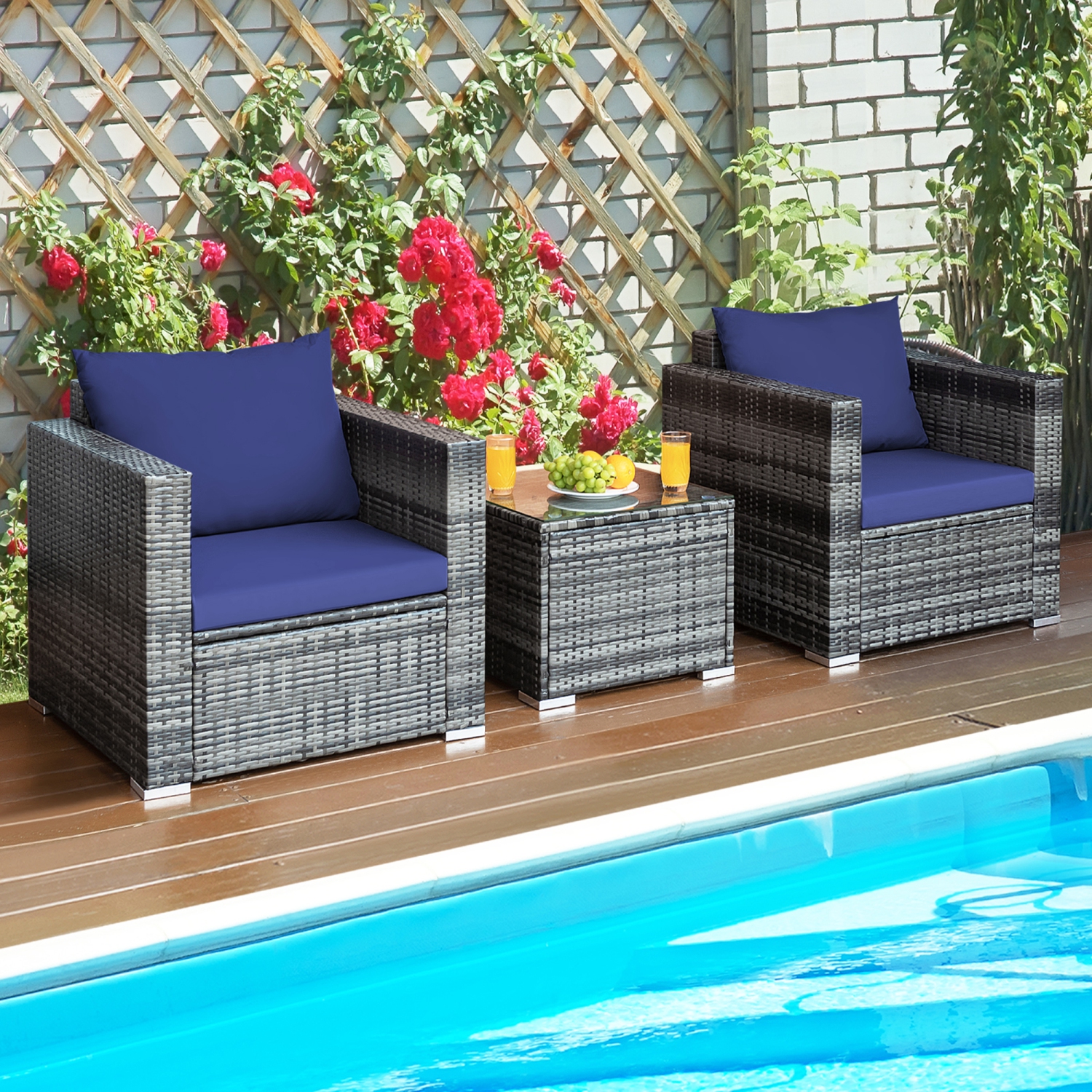Gymax 3PCS Rattan Patio Conversation Furniture Set Outdoor Yard w/ Navy Cushion