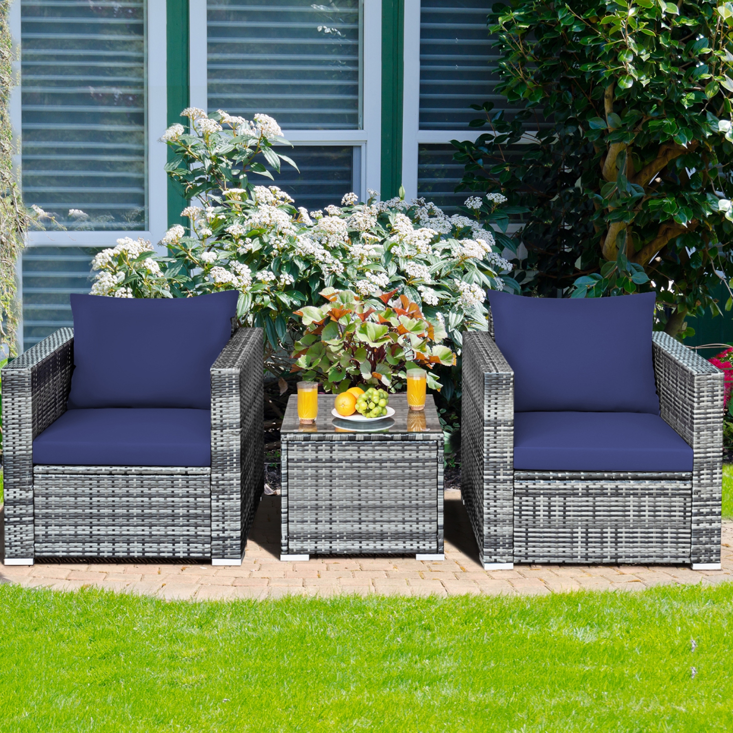 Gymax 3PCS Rattan Patio Conversation Furniture Set Outdoor Yard w/ Navy Cushion