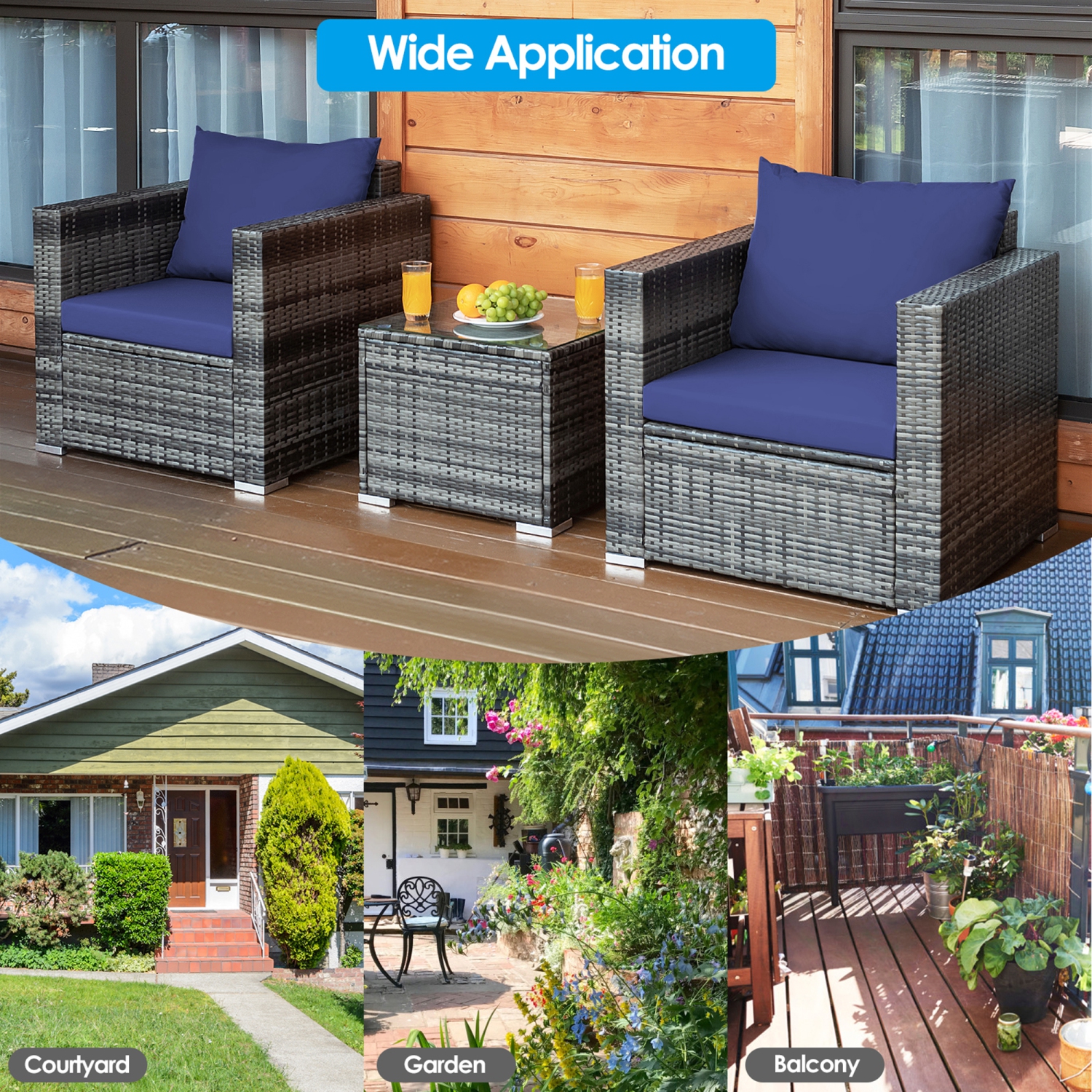 Gymax 3PCS Rattan Patio Conversation Furniture Set Outdoor Yard w/ Navy Cushion