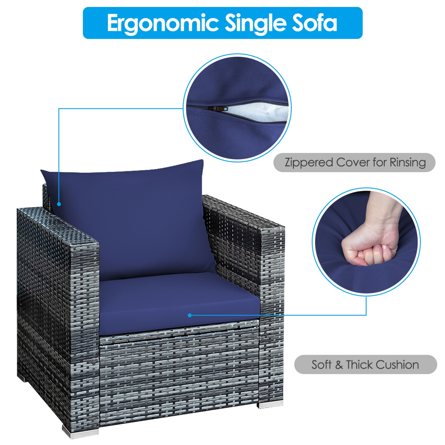 Gymax 3PCS Rattan Patio Conversation Furniture Set Outdoor Yard w/ Navy Cushion