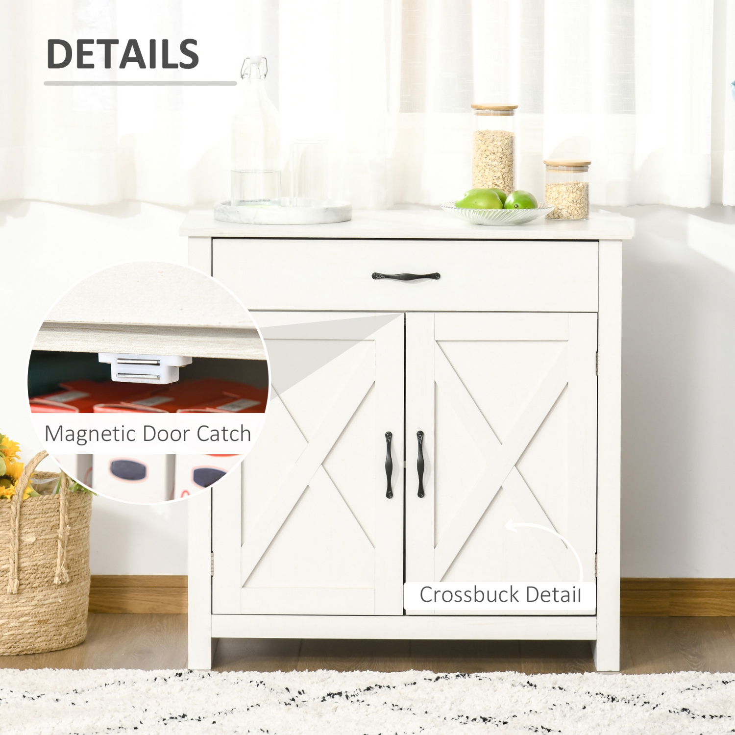 HOMCOM Farmhouse Sideboard Buffet Cabinet with Storage, Accent Cabinet with Barn Doors, Drawer and Adjustable Shelf, Distressed White Wash