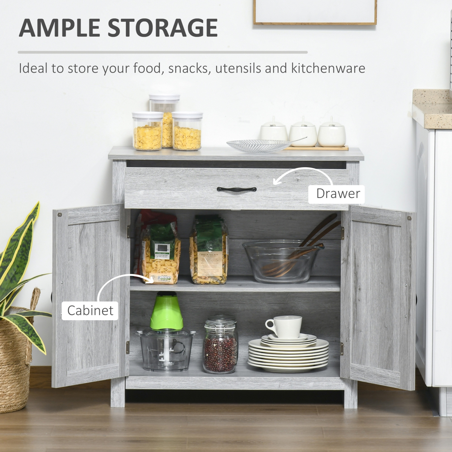 HOMCOM – Buffet Farmhouse avec rangement, armoire d'appoint avec portes de grange, tiroir et tablette réglable, grain gris