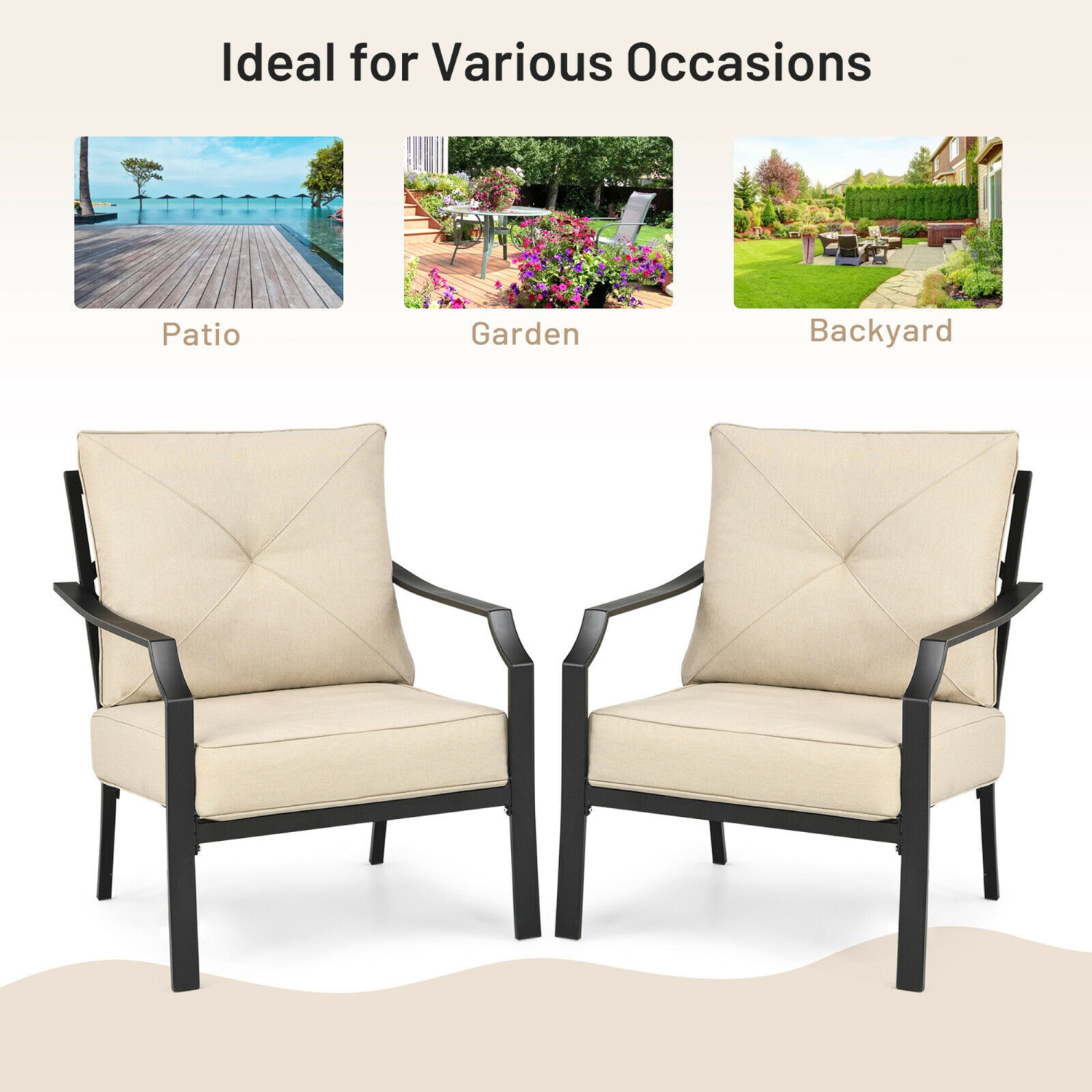Gymax 2 PCS Patio Dining Chairs Set with Padded Cushions Armrest Steel Frame