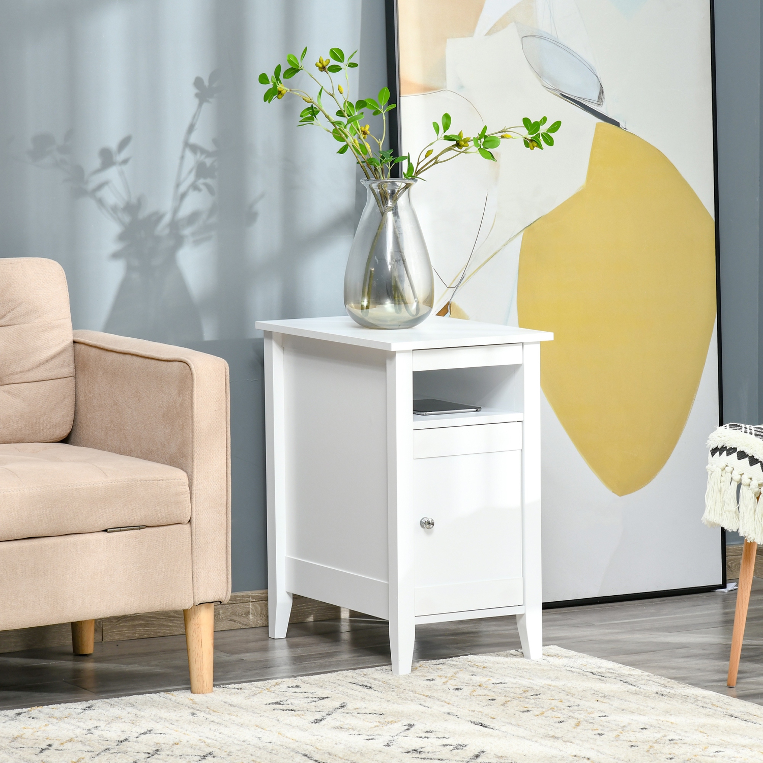 HOMCOM Narrow Side Table, Accent End Table with Pull-out Tray, Open Shelf and Cupboard, Slim Nightstand with Storage for Living Room, Bedroom, White