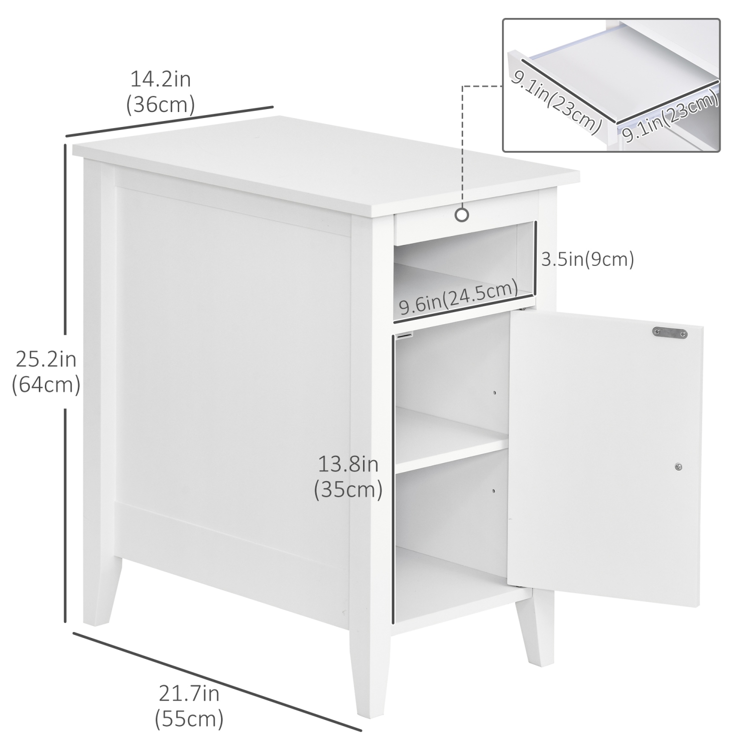 HOMCOM Narrow Side Table, Accent End Table with Pull-out Tray, Open Shelf and Cupboard, Slim Nightstand with Storage for Living Room, Bedroom, White