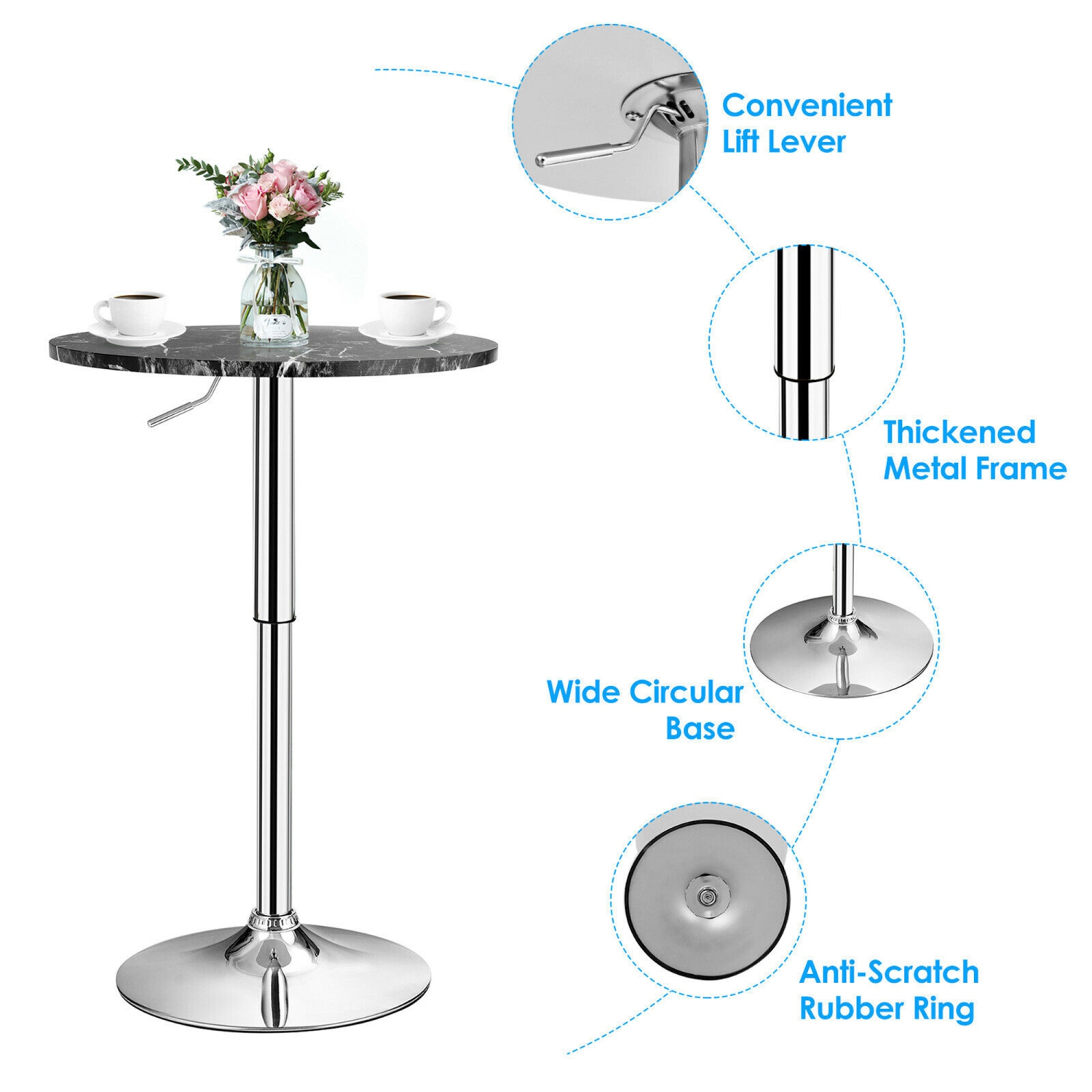 Gymax 4PCS Round Pub Table Swivel Adjustable Bar Table w/Faux Marble Top Black